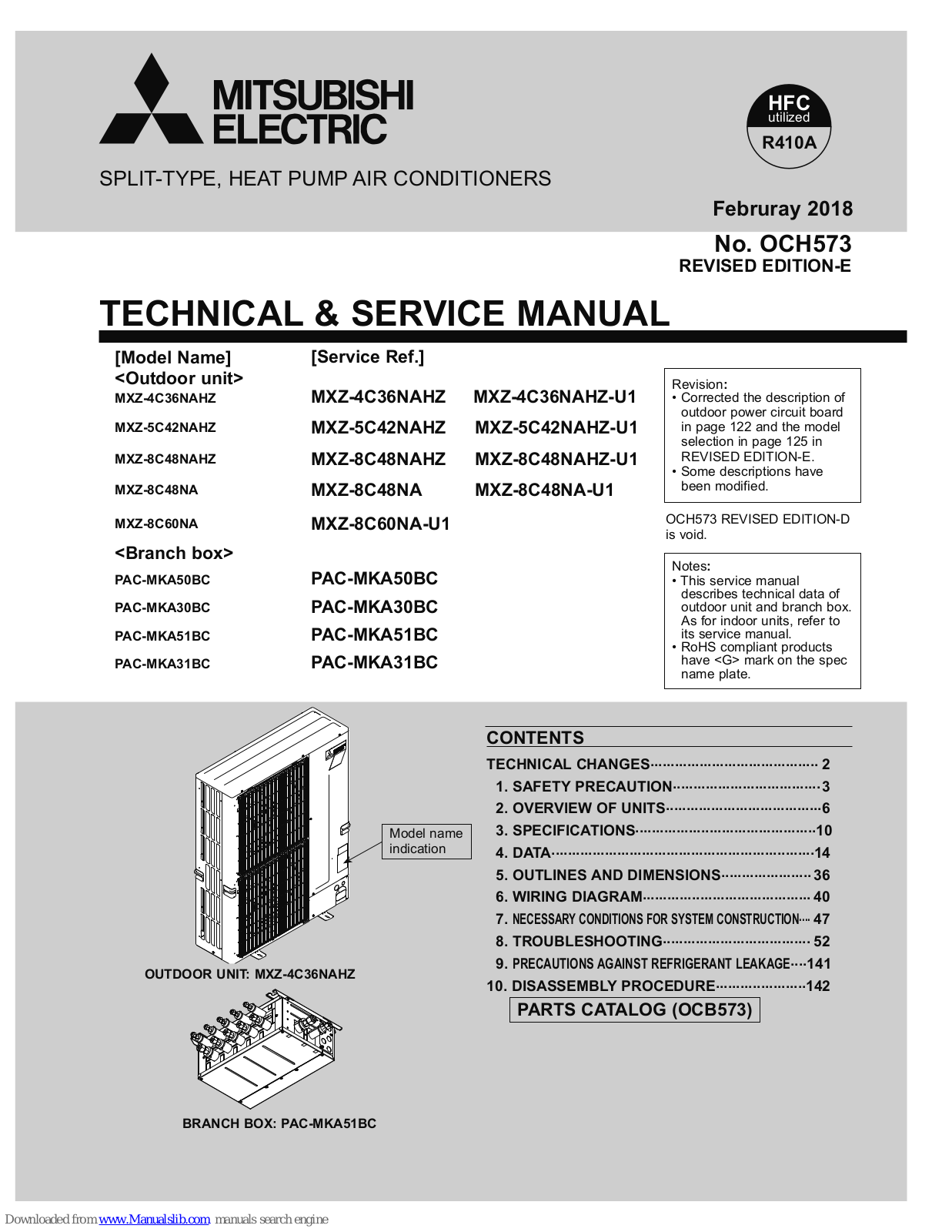 Mitsubishi MXZ-4C36NAHZ-U1, MXZ-5C42NAHZ-U1, MXZ-8C48NAHZ-U1, MXZ-5C42NAHZ, MXZ-8C48NA Technical & Service Manual