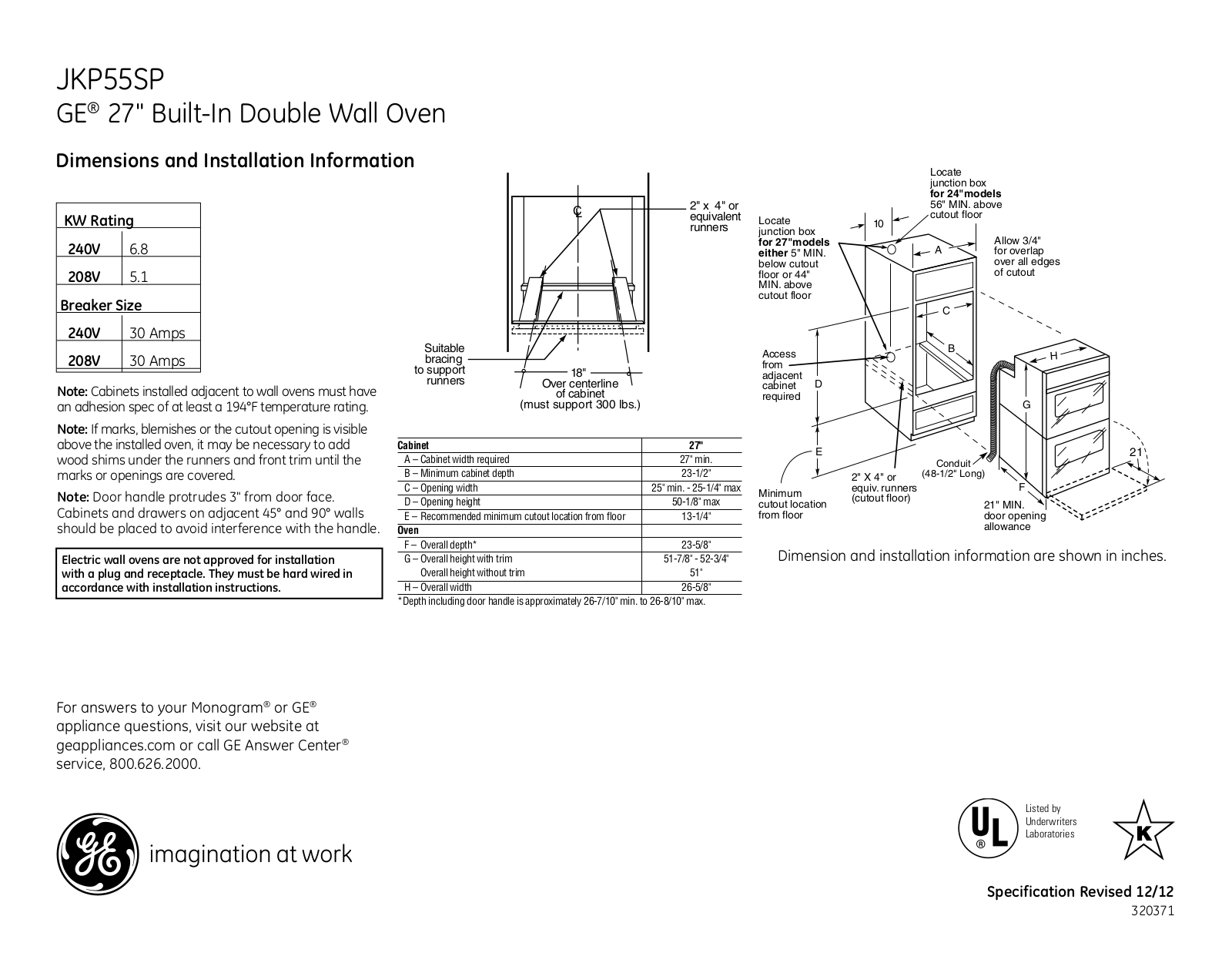 GE JKP55SP Specification