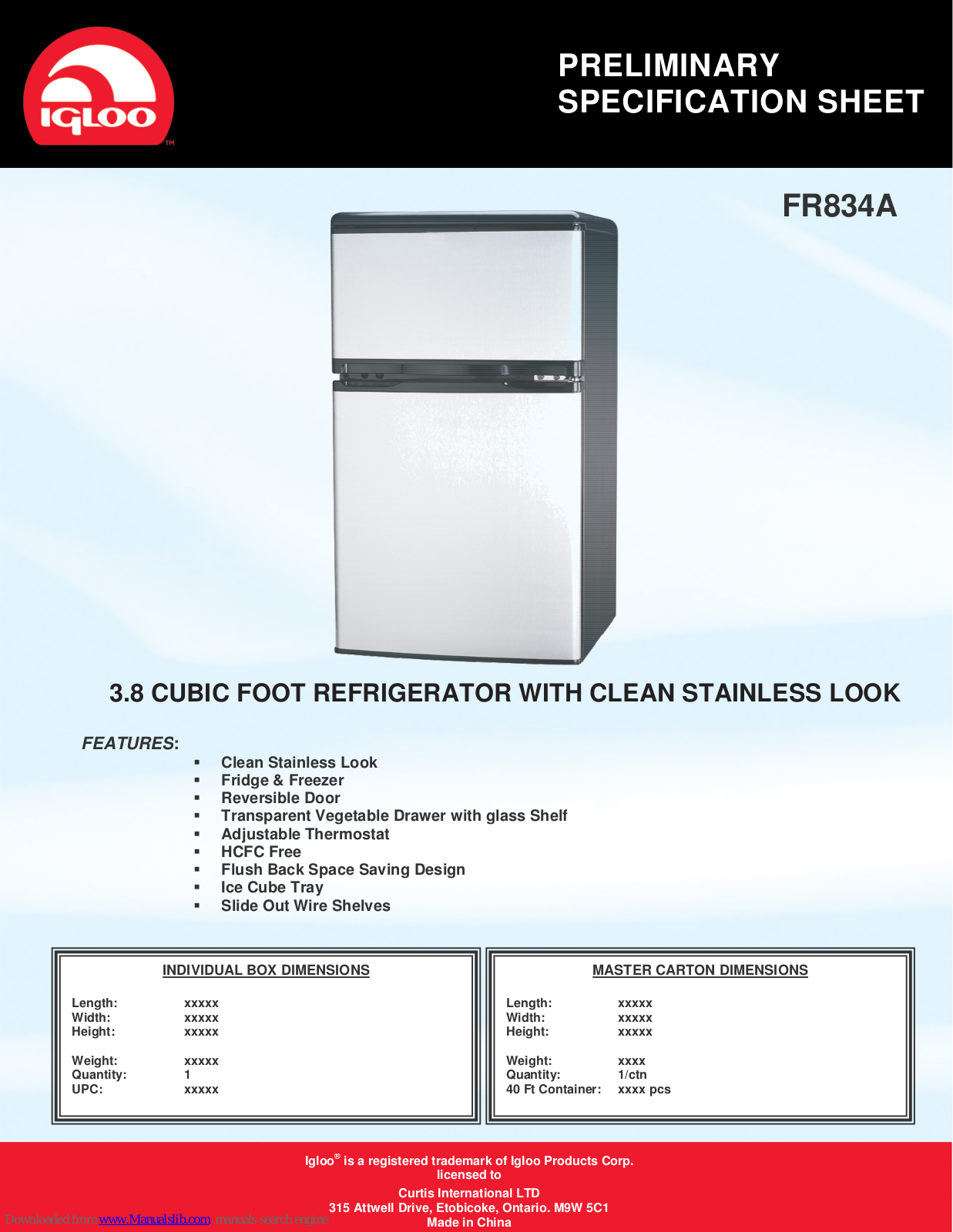 Igloo FR834A Preliminary Specification Sheet