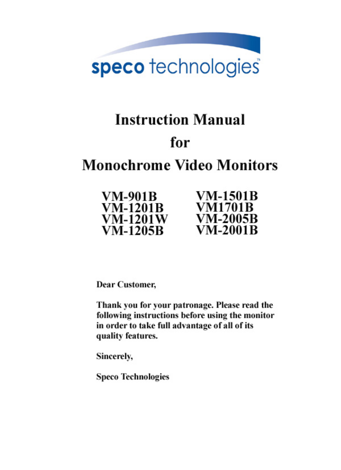 Speco Technologies VM1701B, VM-901B, VM-2001B, VM-2005B, VM-1201W User Manual