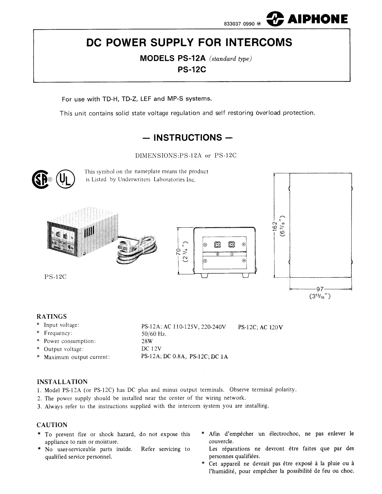 Aiphone PS-12C, PS-12A User Manual 2