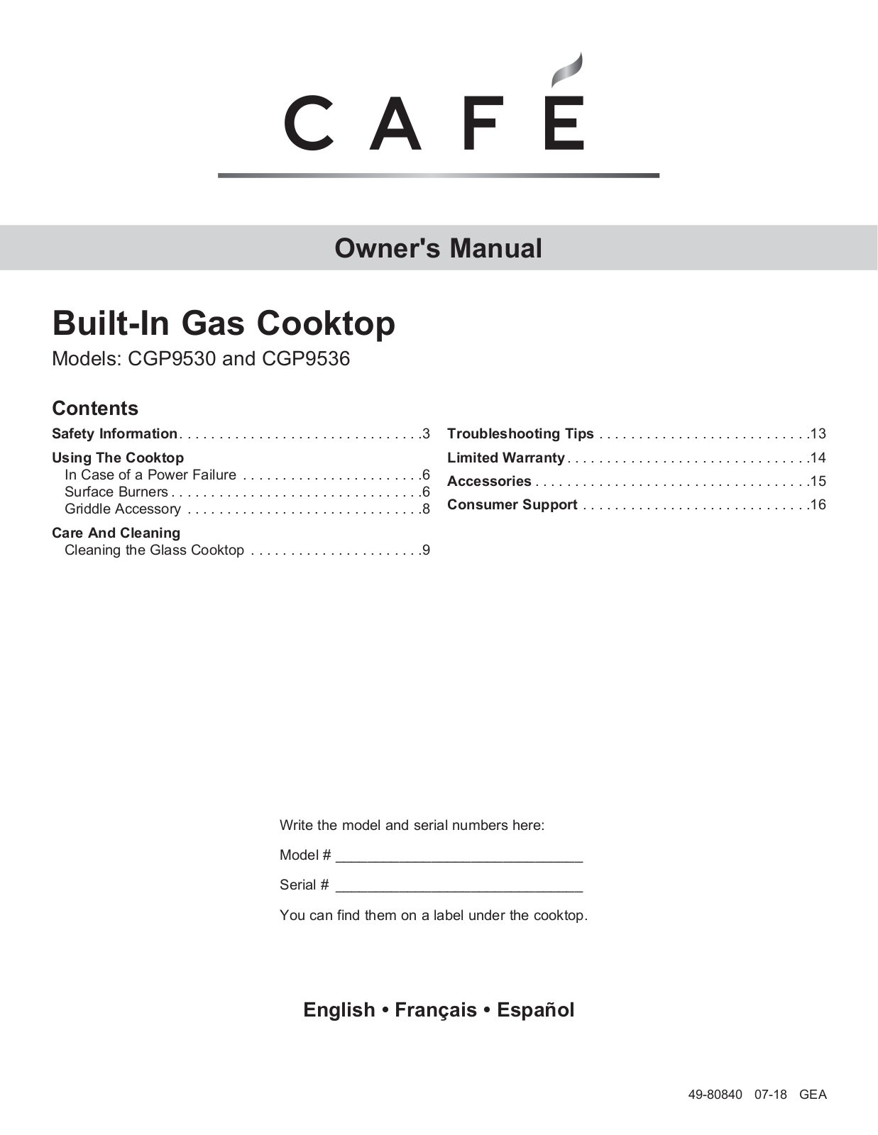 Cafe CGP95303MS2, CGP95363MS2 User Manual