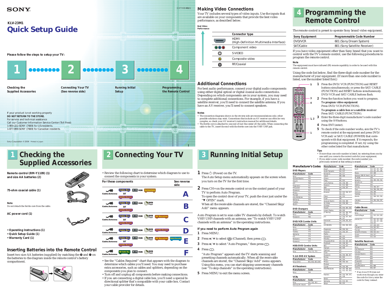 Sony WEGA KLV-23M1 Quick setup guide