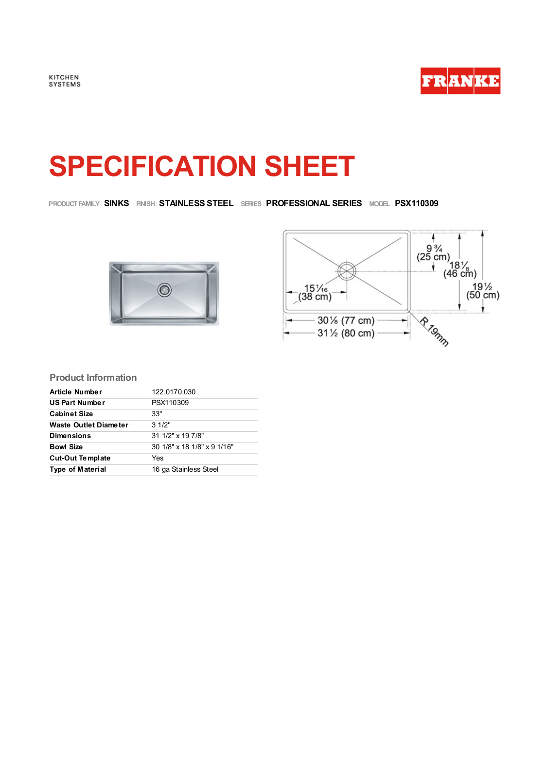 Franke Foodservice PSX110309 User Manual