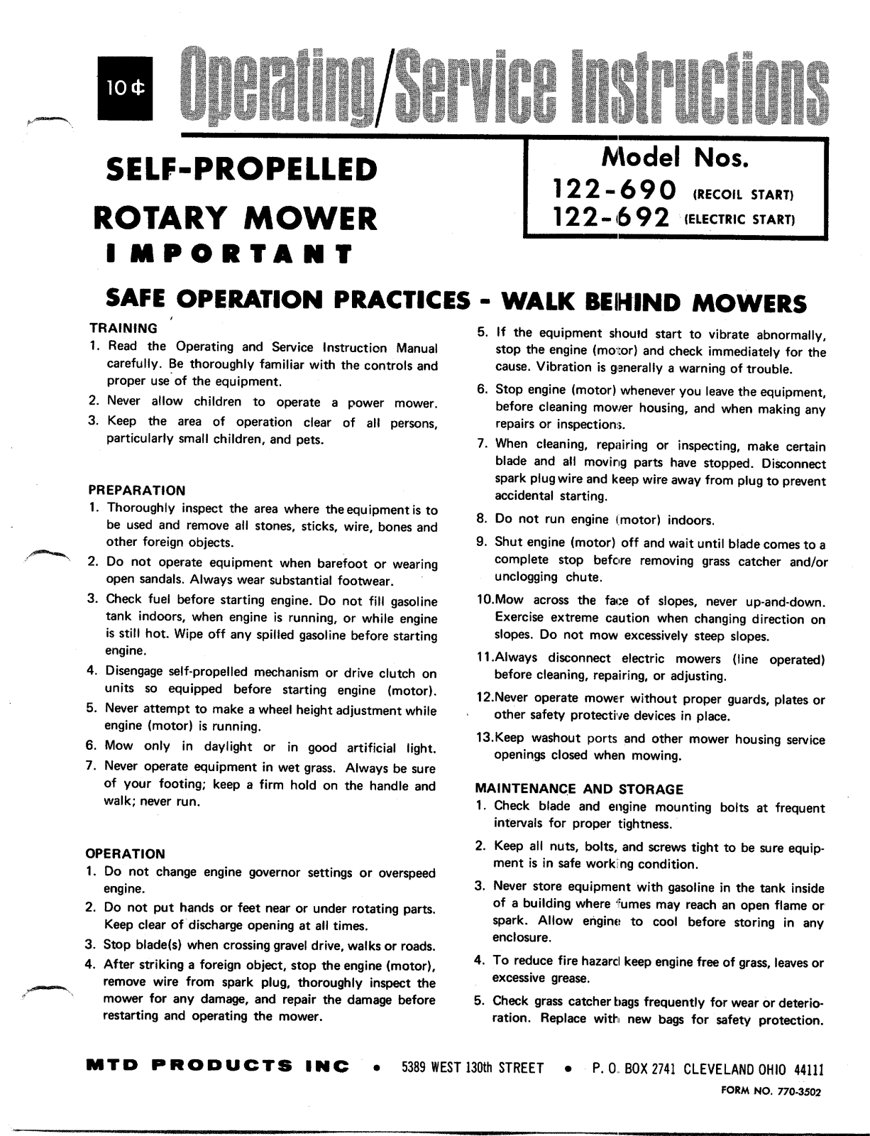 MTD 122-690, 122-692 User Manual