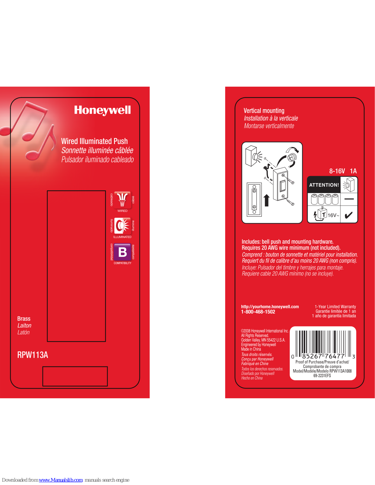 Honeywell RPW113A Mounting Instruction