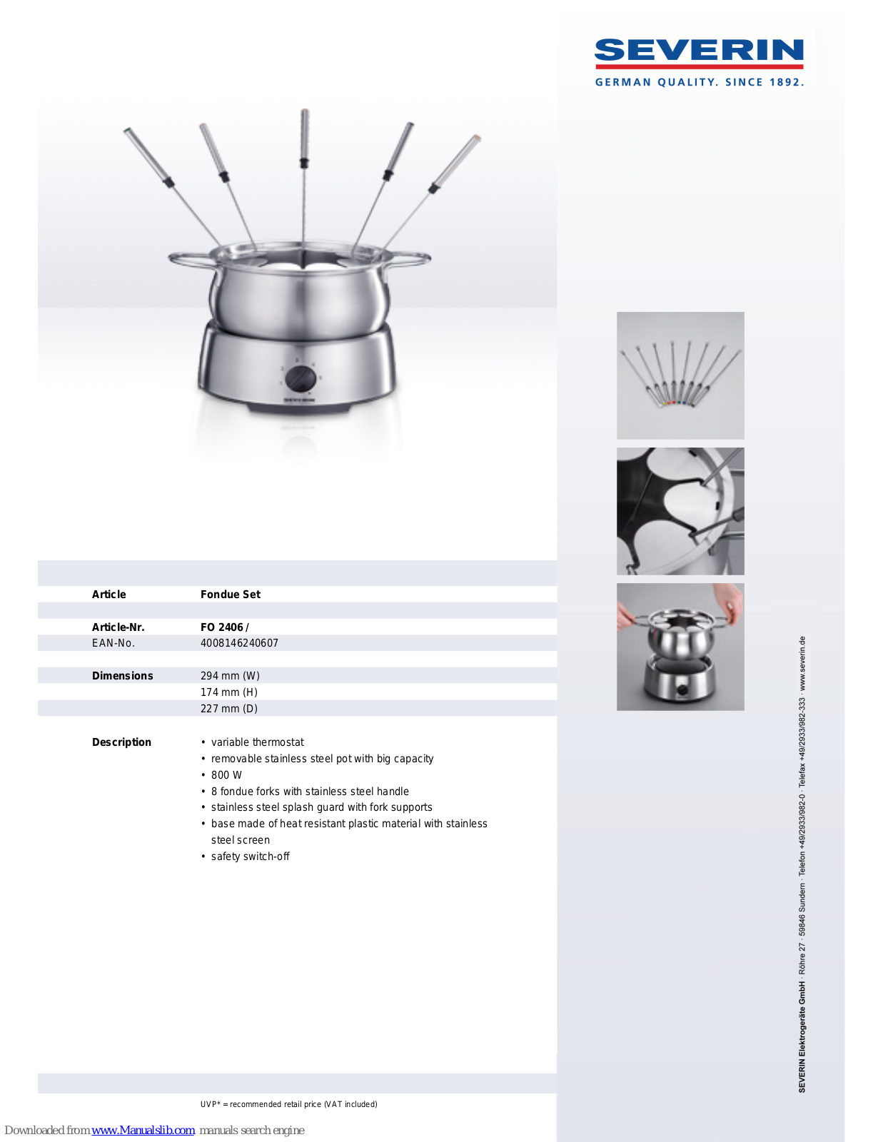 SEVERIN FO 2406, FONDUE SET - DATASHEET 2 Dimensions