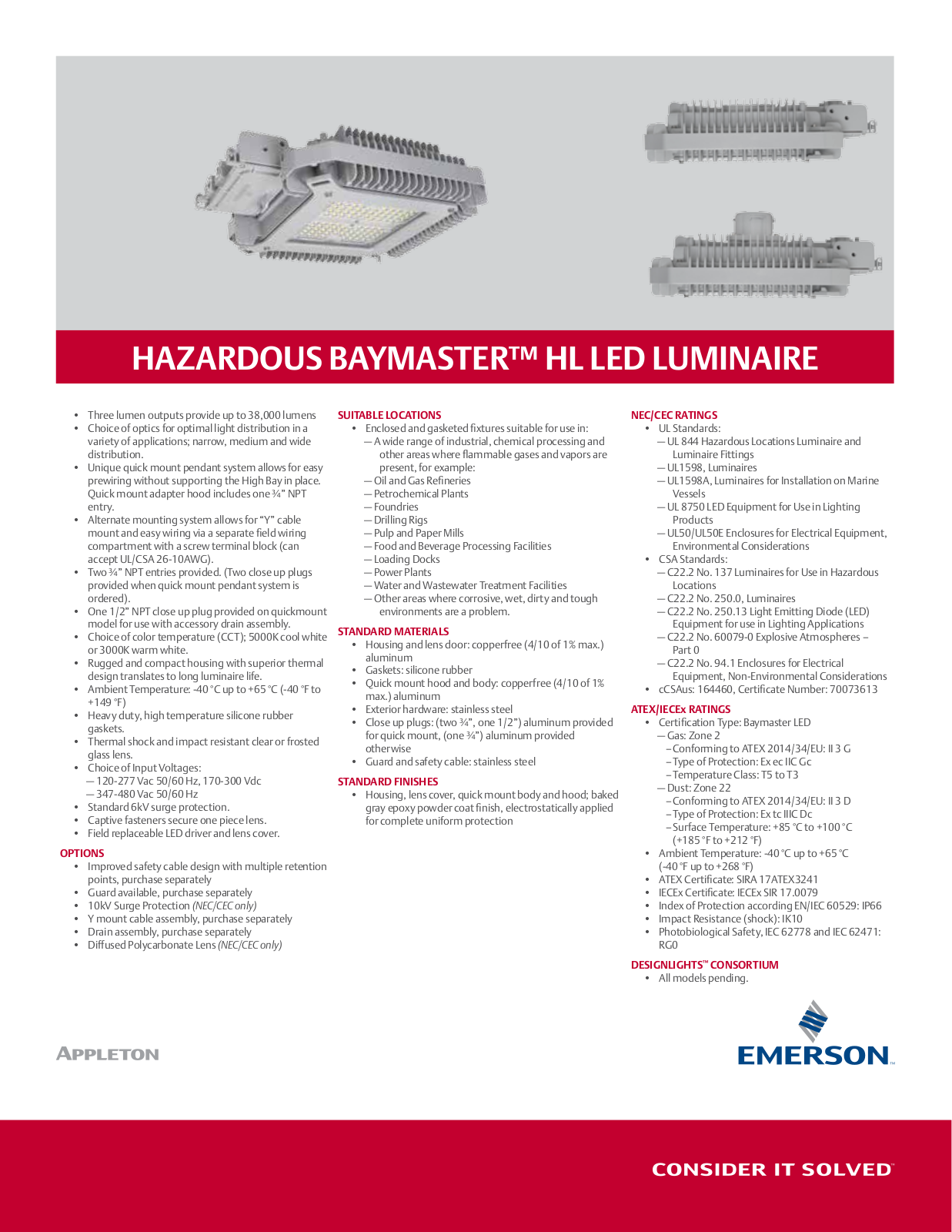 Appleton hazardous baymaster™ hl LED luminaire Data Sheet