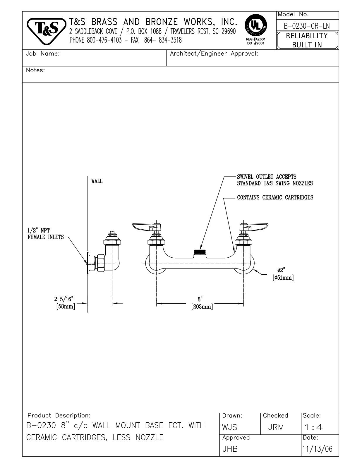 T & S Brass & Bronze Works B-0230-CR-LN General Manual