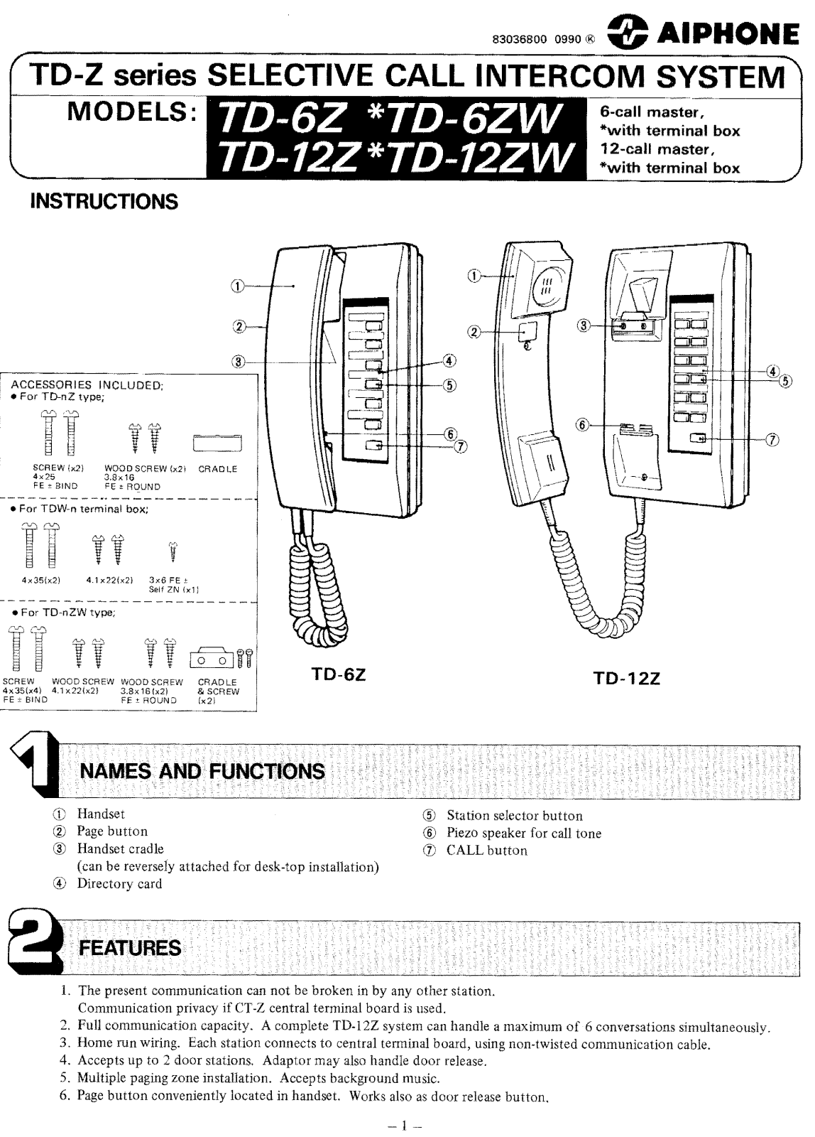 Aiphone TD-Z INSTALLATION INSTRUCTIONS