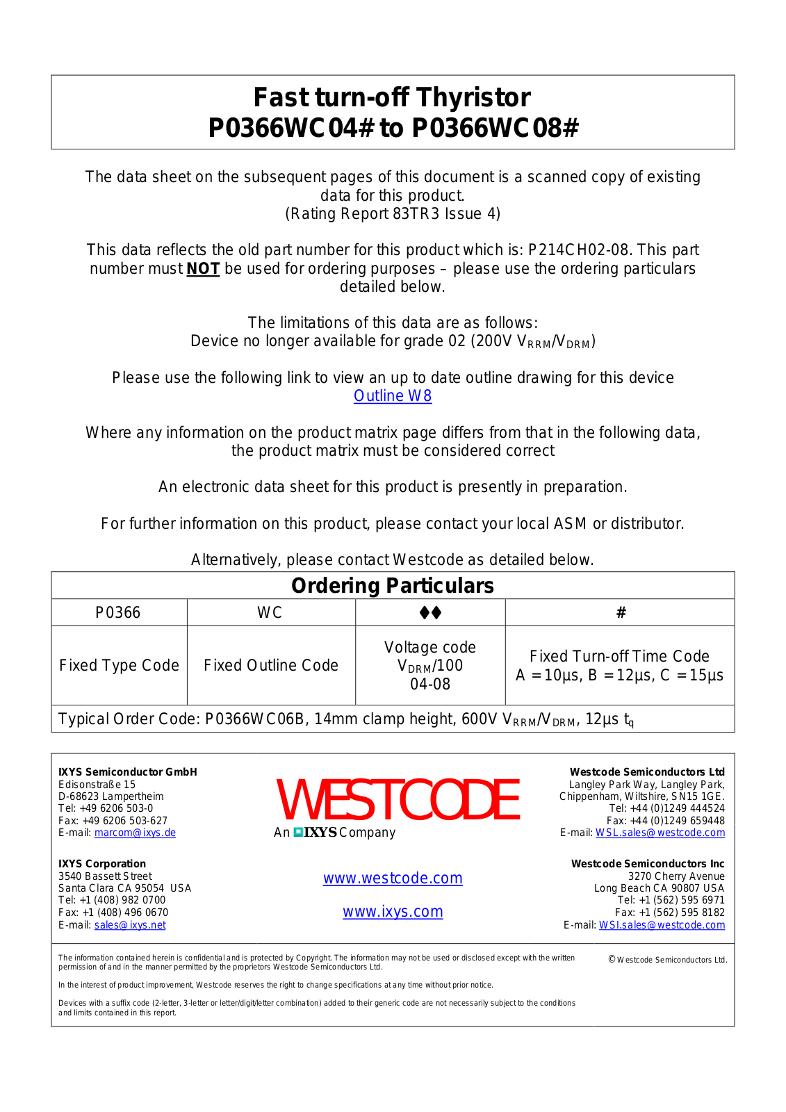 Westcode Semiconductors P0366WC04#, P0366WC08# Data Sheet