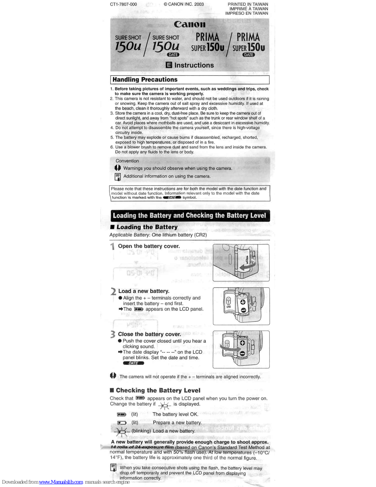 Canon Sure Shot 150u Date, Prima Super 150u, Prima Super 150u Date User Manual