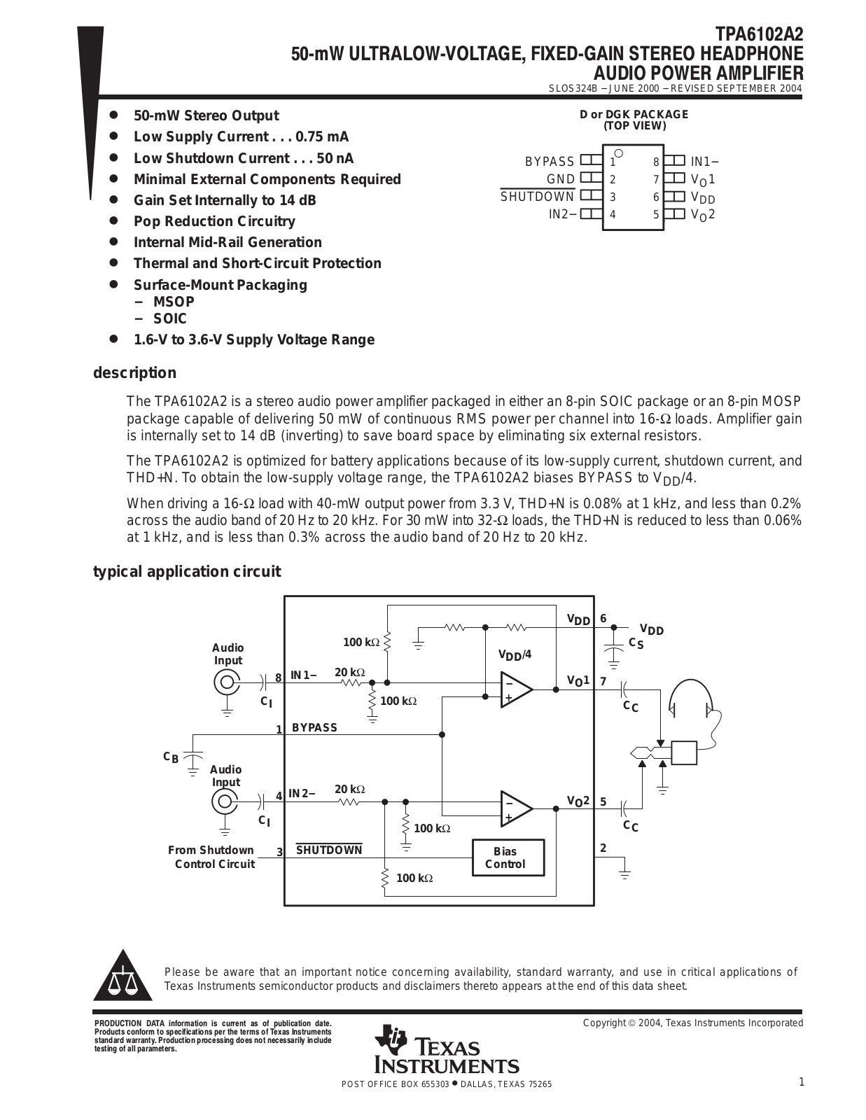 TEXAS INSTRUMENTS TPA6102A2 Technical data