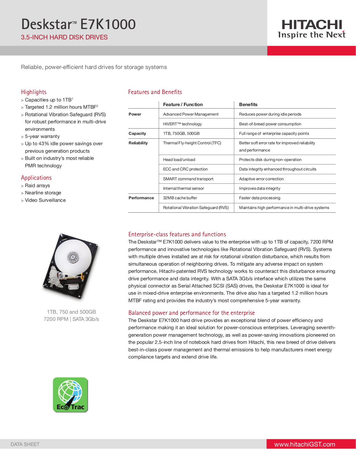 Hitachi HDE721010SLA330, HDE721075SLA330, HDE721050SLA330 DATASHEET