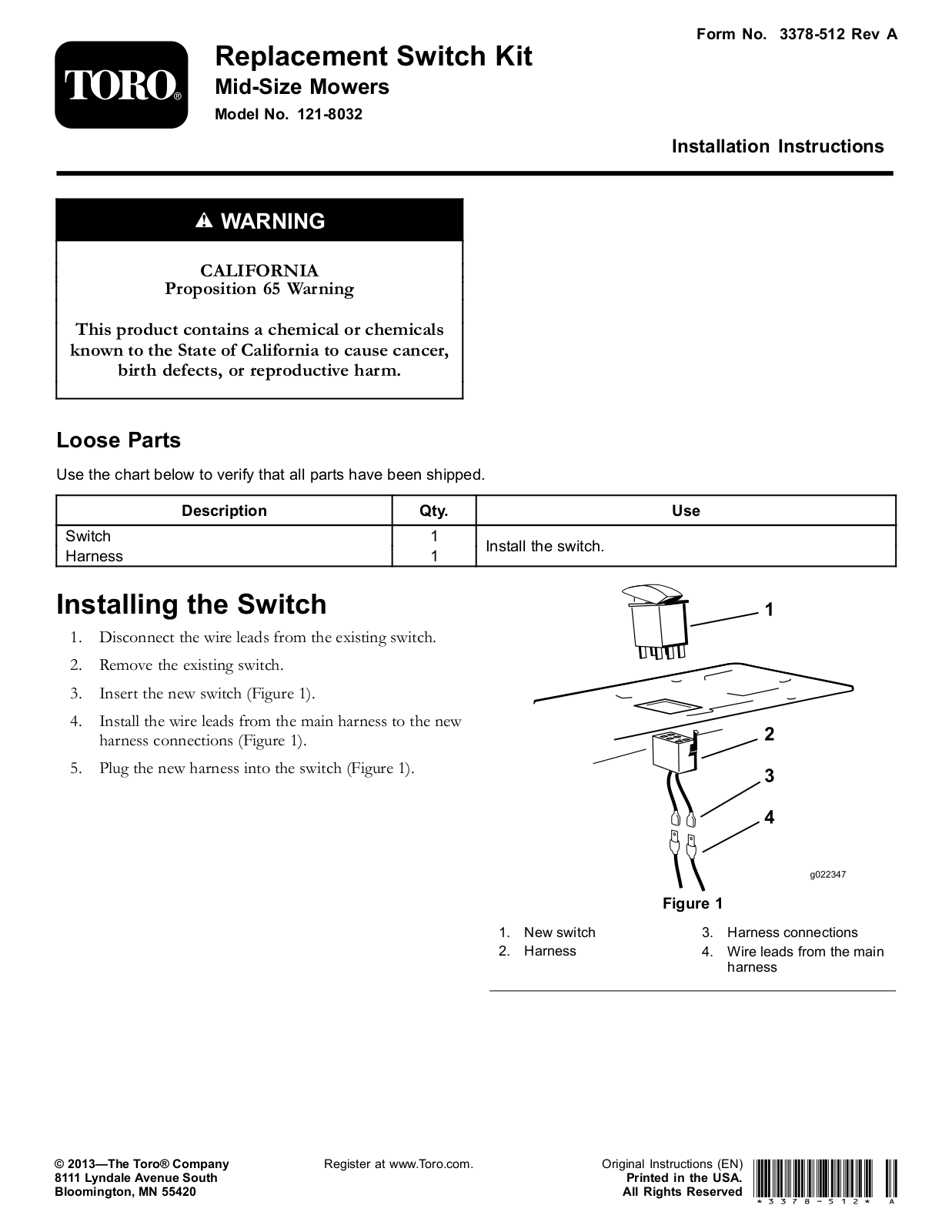 Toro 121-8032 Installation Instructions