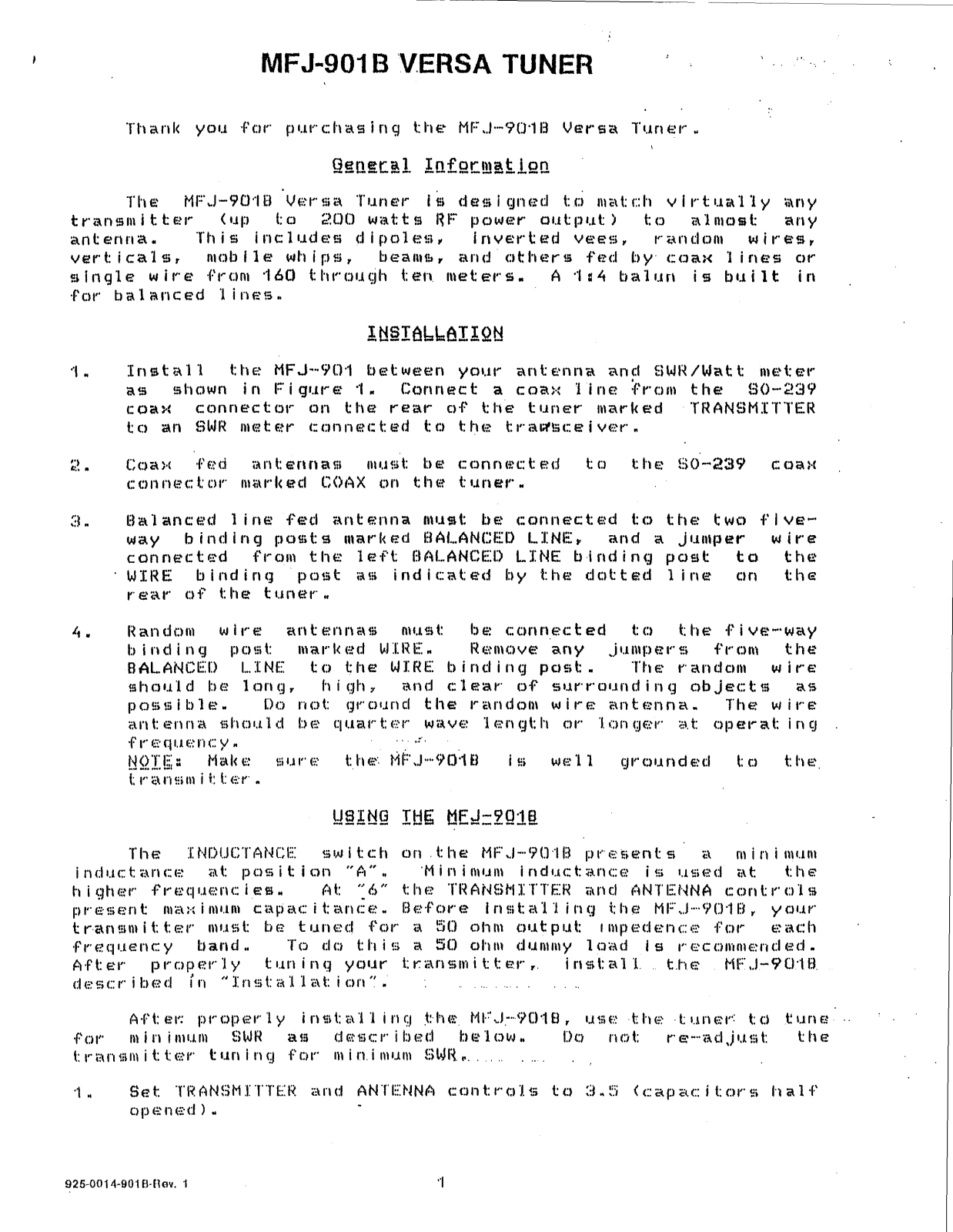 MFJ MFJ-901B User Manual