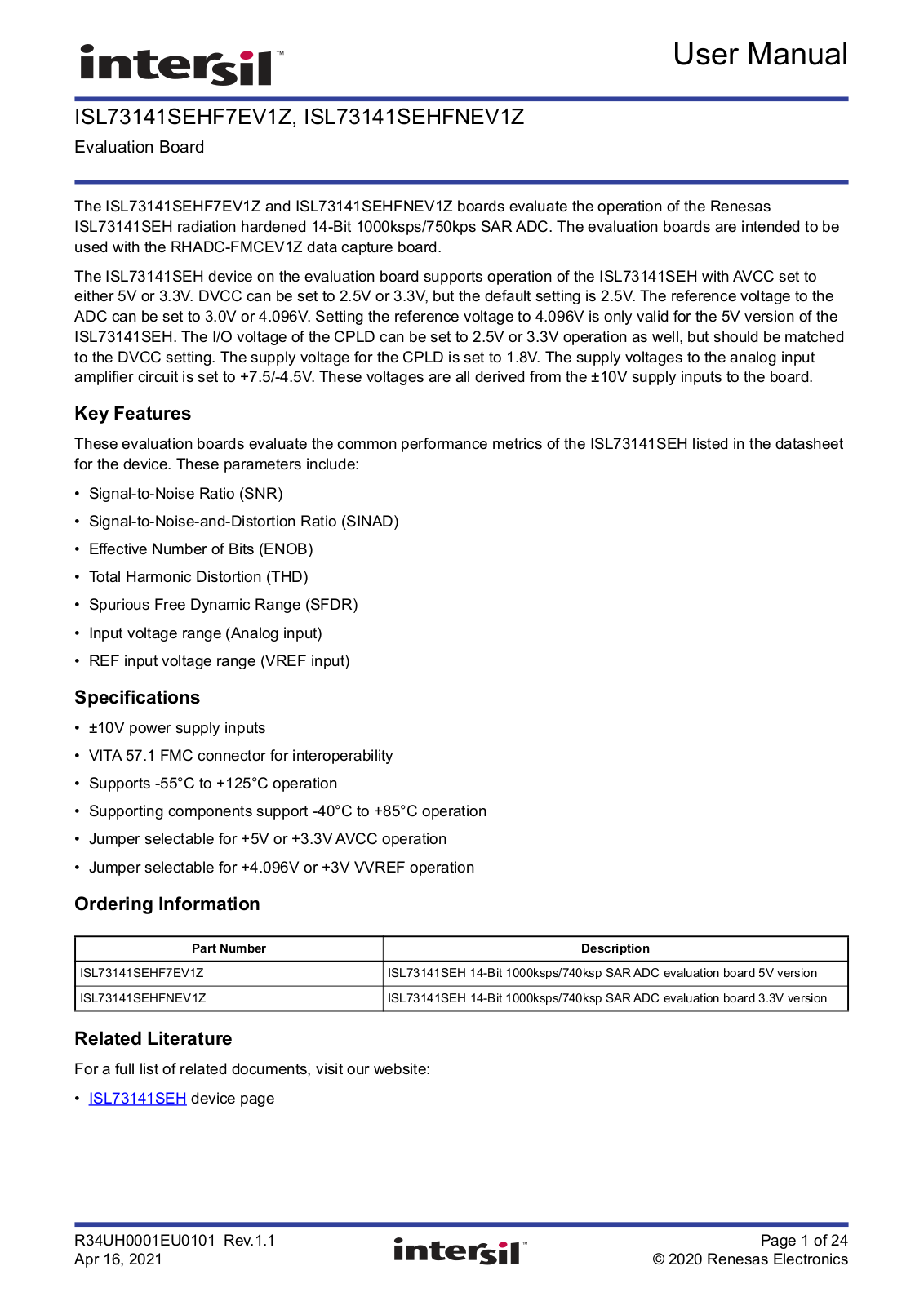 Renesas ISL73141SEHF7EV1Z, ISL73141SEHFNEV1Z User Manual