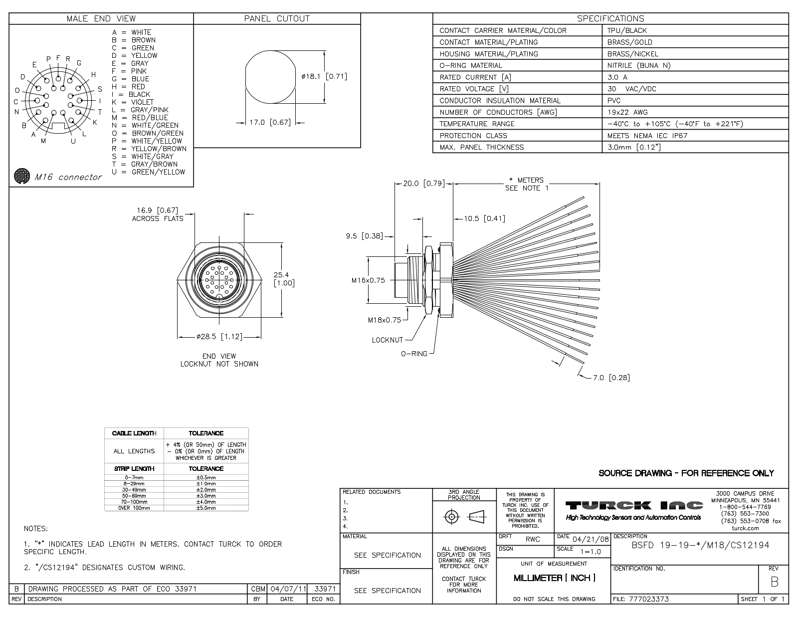 Turck BSFD19-19-0.5/M18/CS12194 Specification Sheet