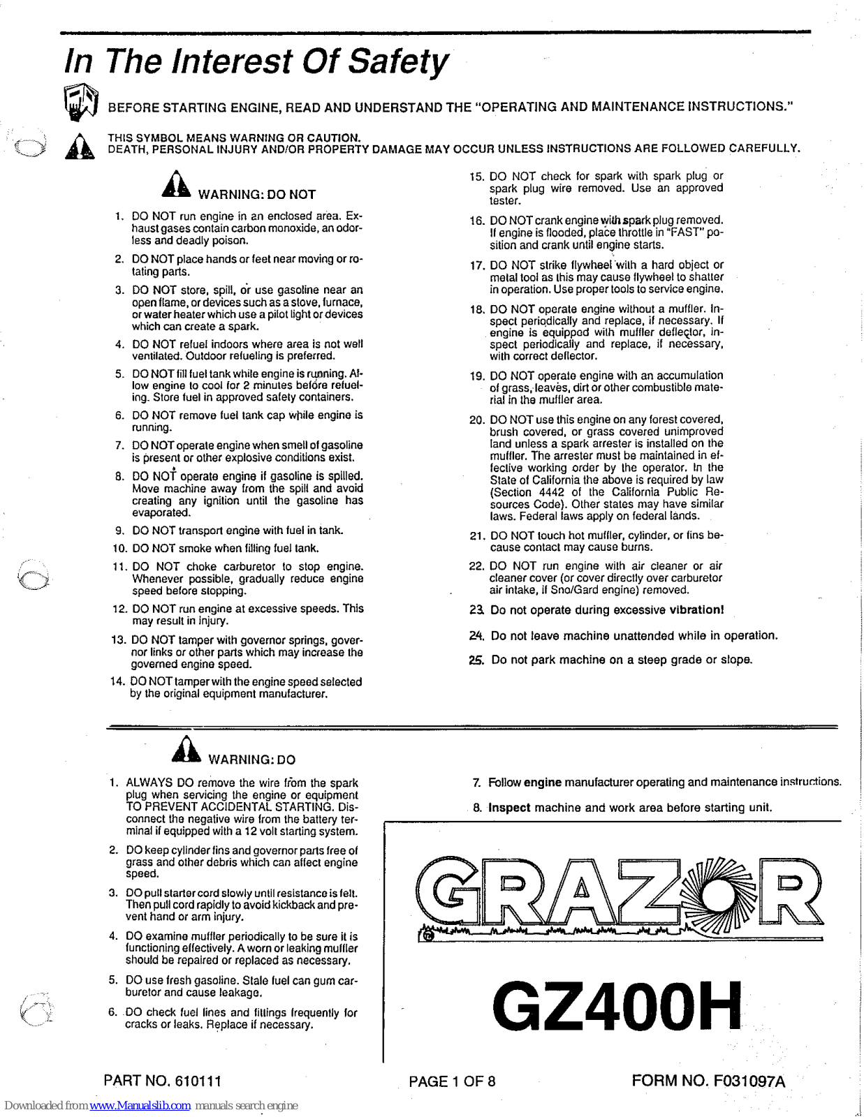 Billy Goat GZ400H Operator's Manual