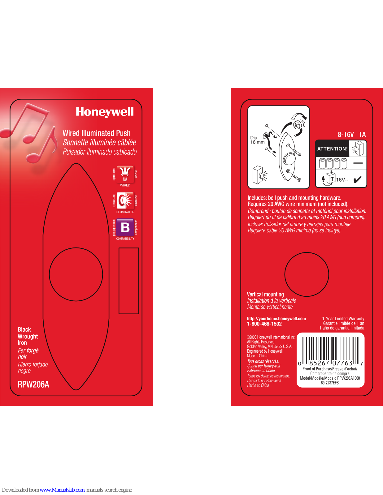 Honeywell RPW206A Mounting Instruction