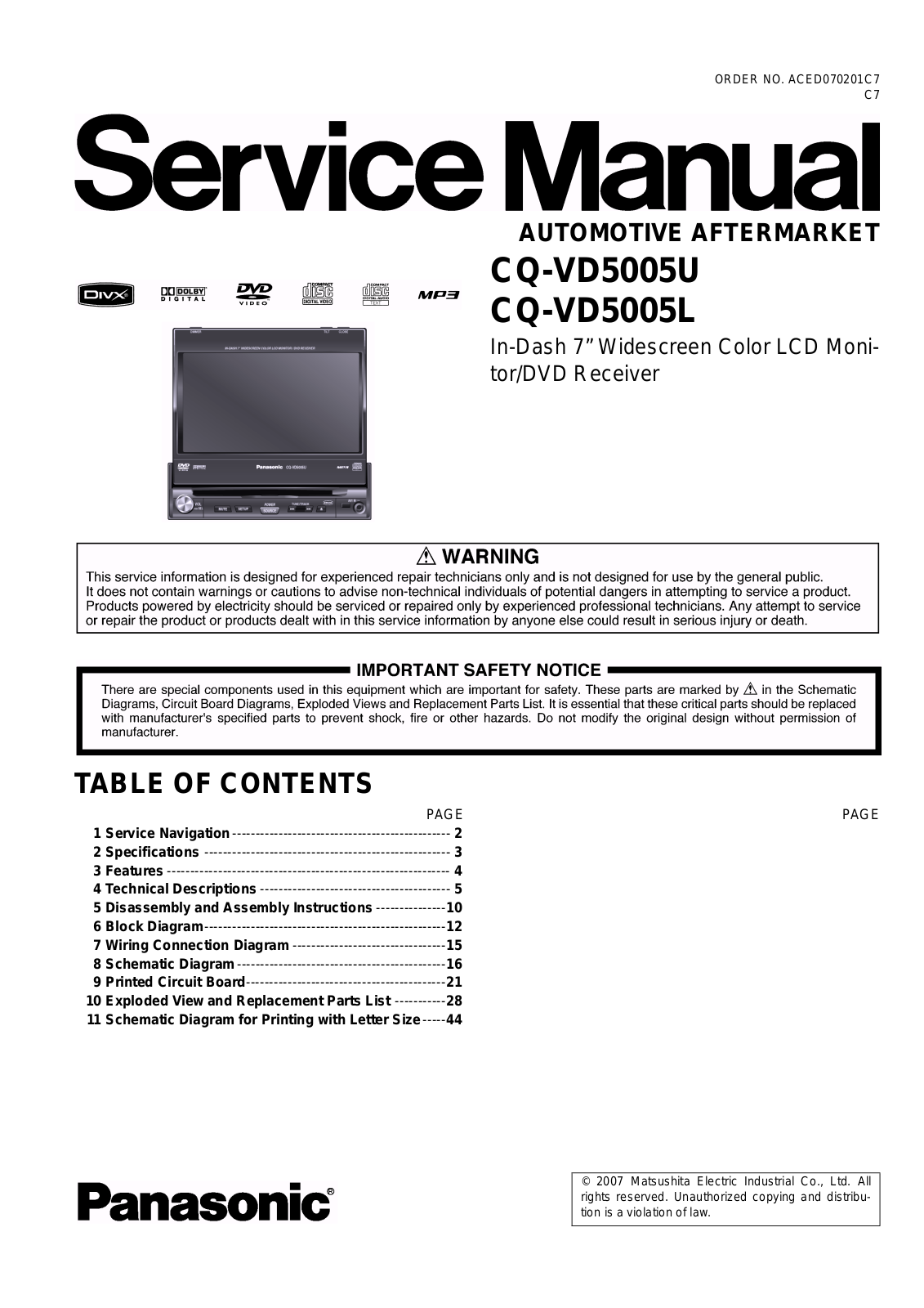 Panasonic CQ-VD5005U, CQ-VD5005L Service Manual