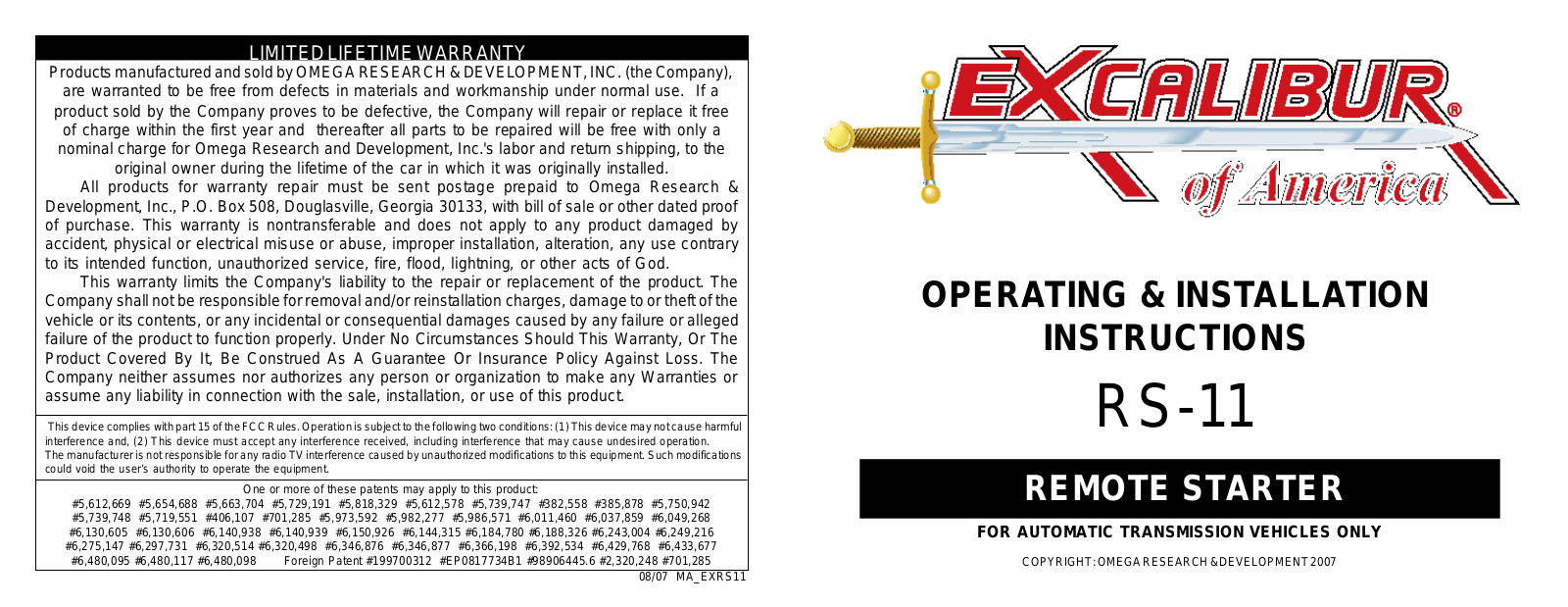 Omega Excalibur RS-11 User's Manual