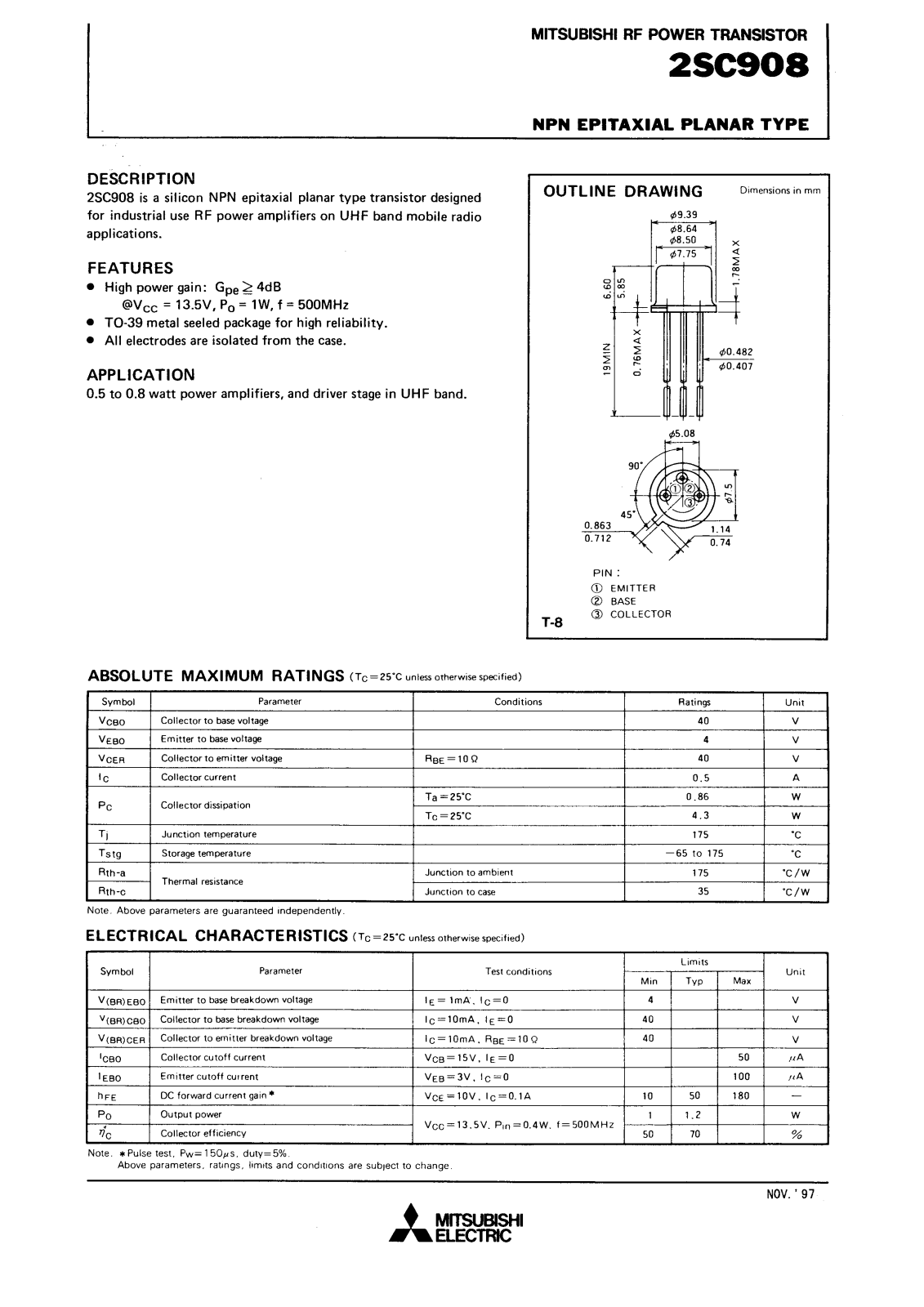 Mitsubishi Electric Corporation Semiconductor Group 2SC908 Datasheet