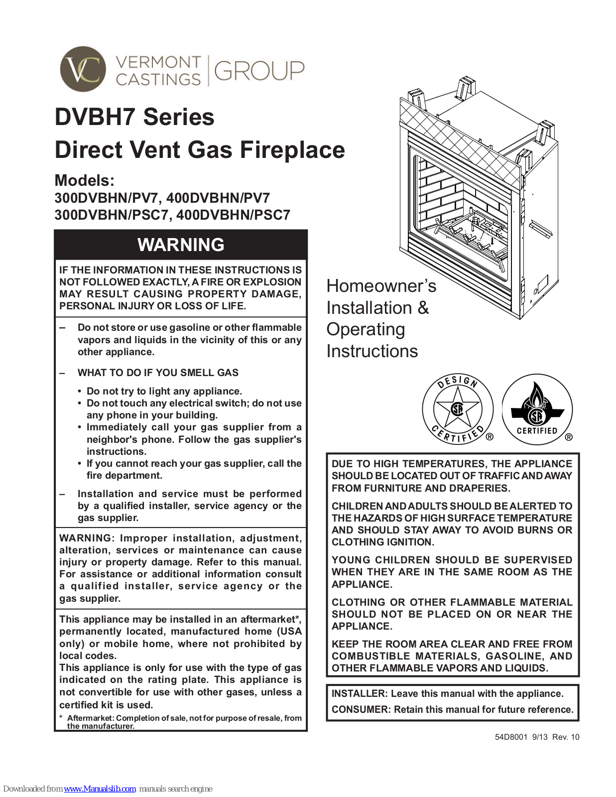 Vermont Castings 300DVBHNV7, 400DVBHNV7, 400DVBHNSC7, 300DVBHPV7, 400DVBHPV7 Homeowner's Installation And Operating Instructions Manual