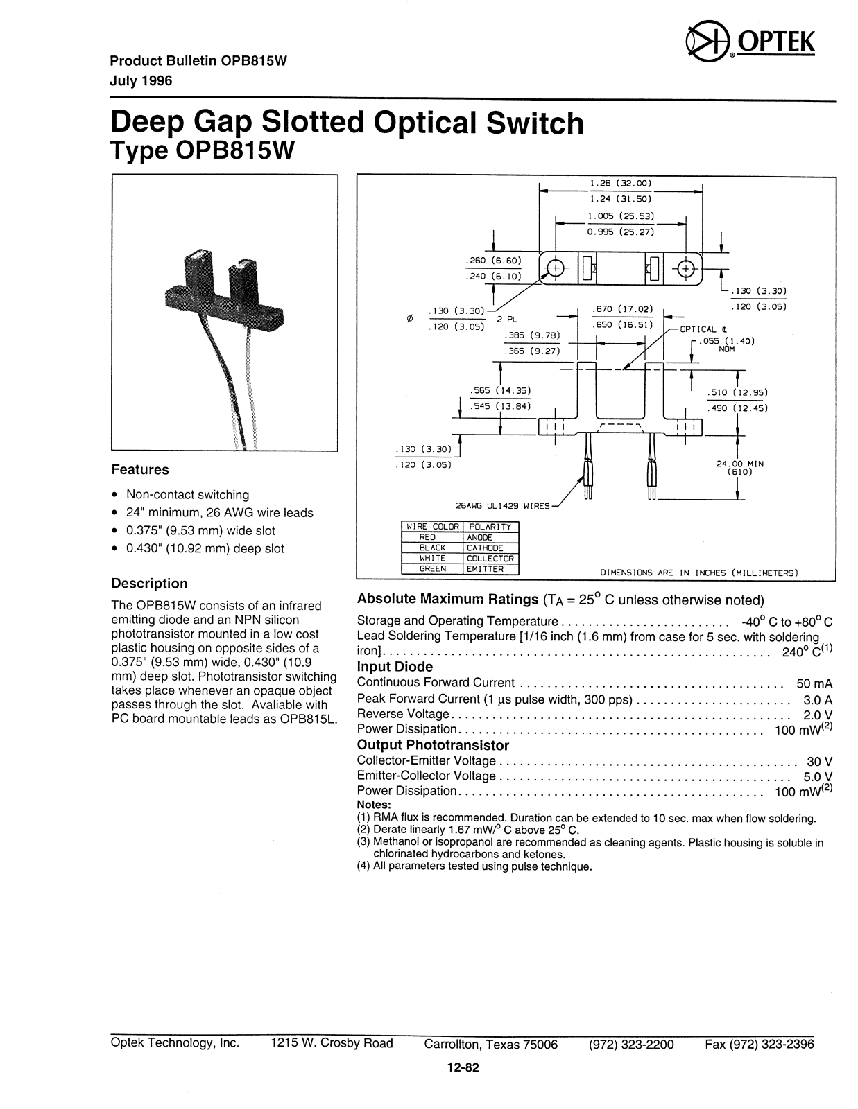 OPTEK OPB815W Datasheet