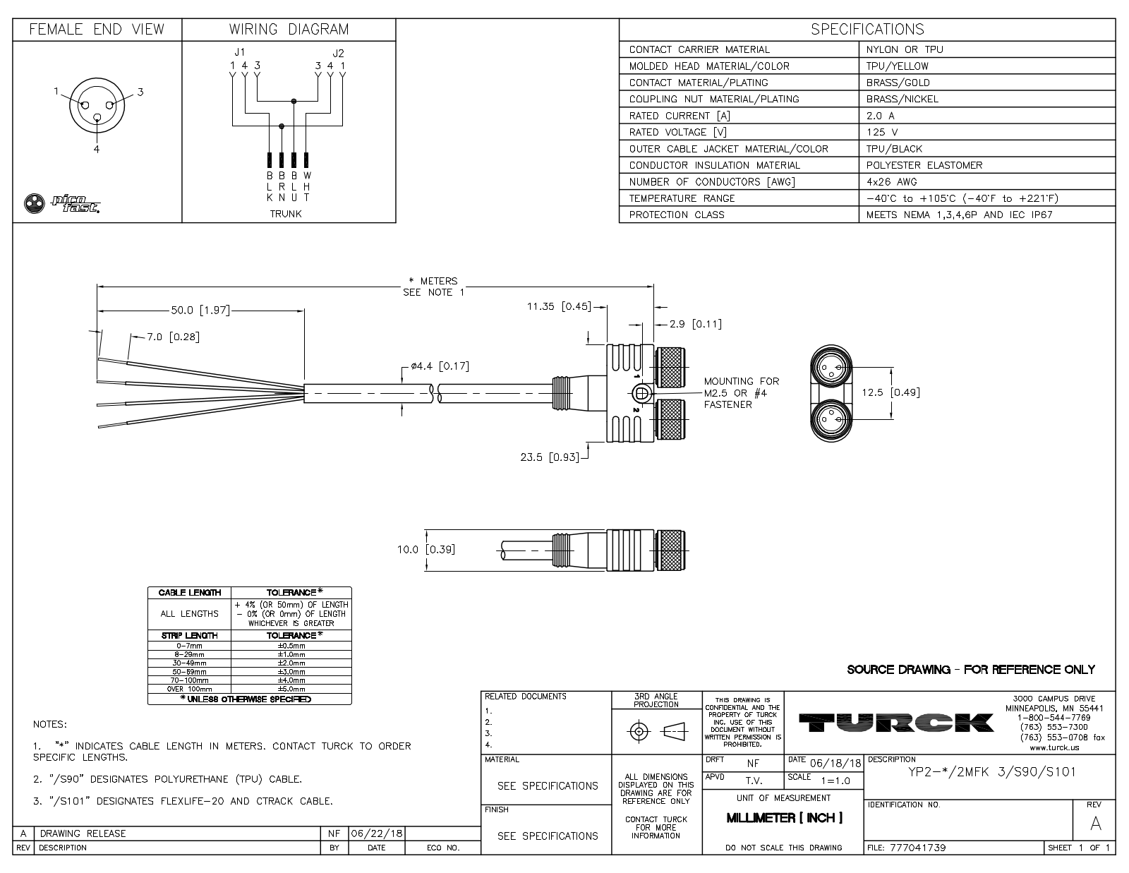 Turck YP2-3/2MFK3/S90/S101 Specification Sheet