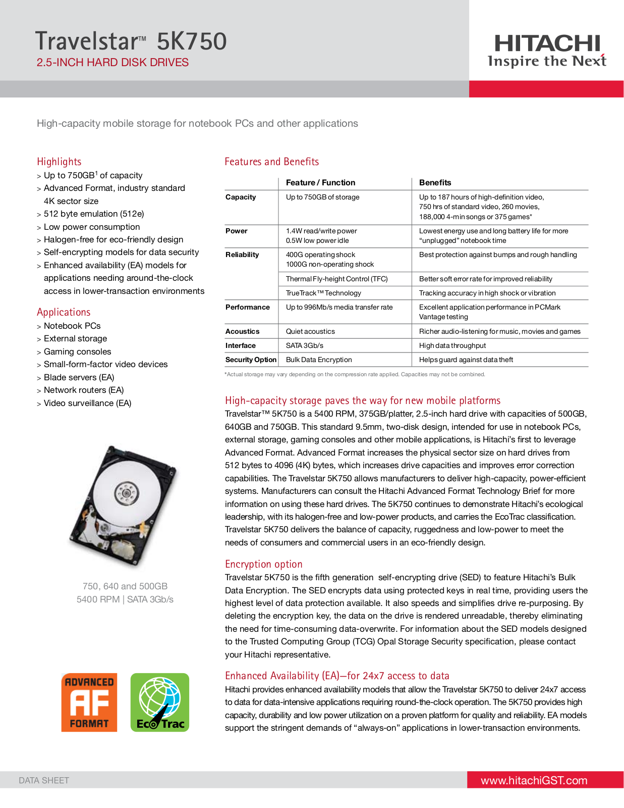 Hitachi HTS545025B9A300, 5K750 User Manual