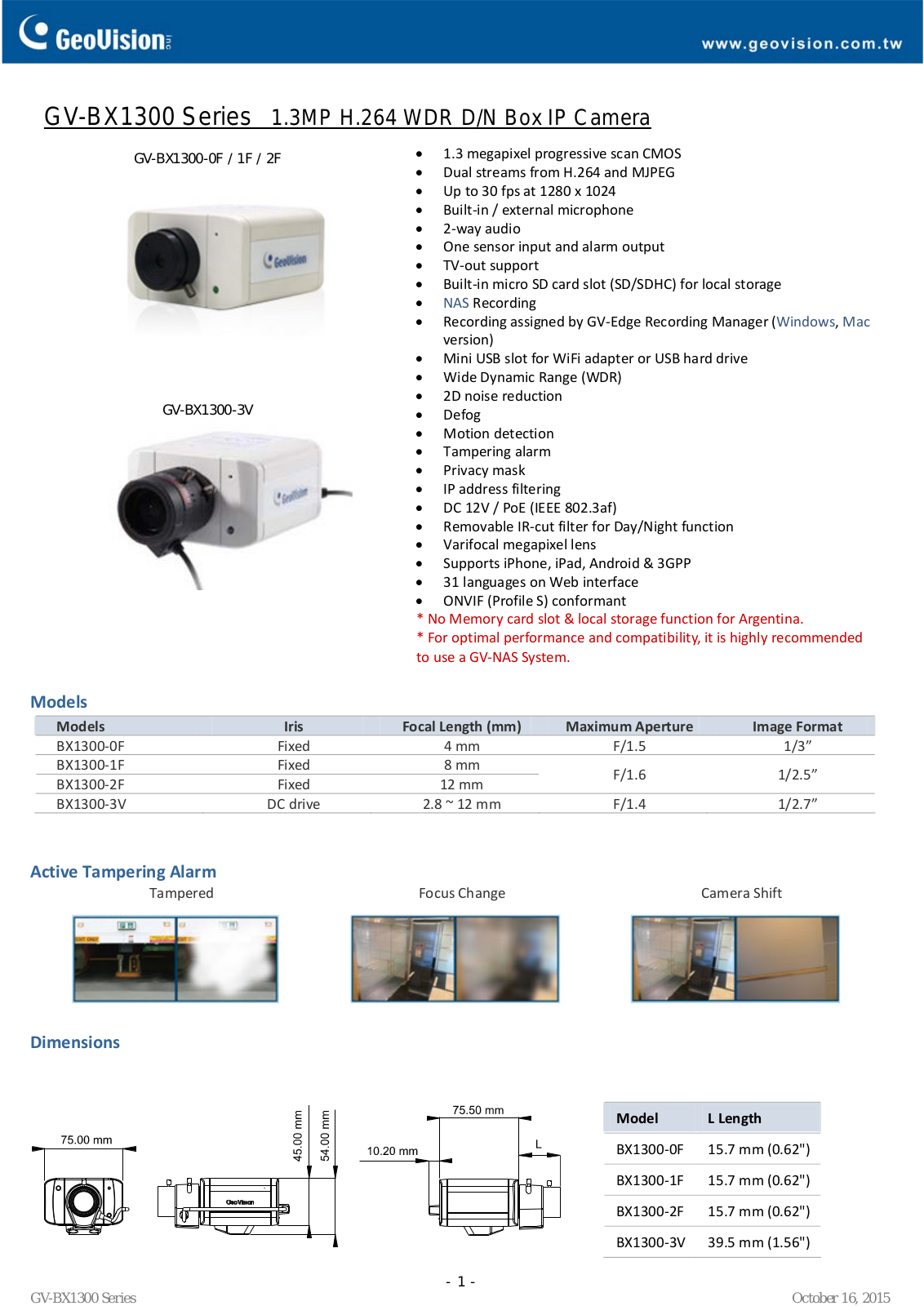 Geovision BX1300‐0F Specsheet