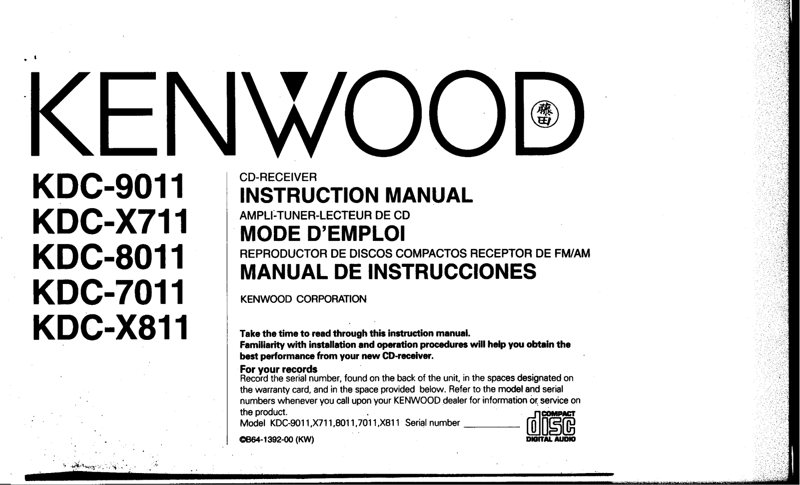 Kenwood KDC-X711, KDC-X811, KDC-9011, KDC-8011, KDC-7011 Owner's Manual