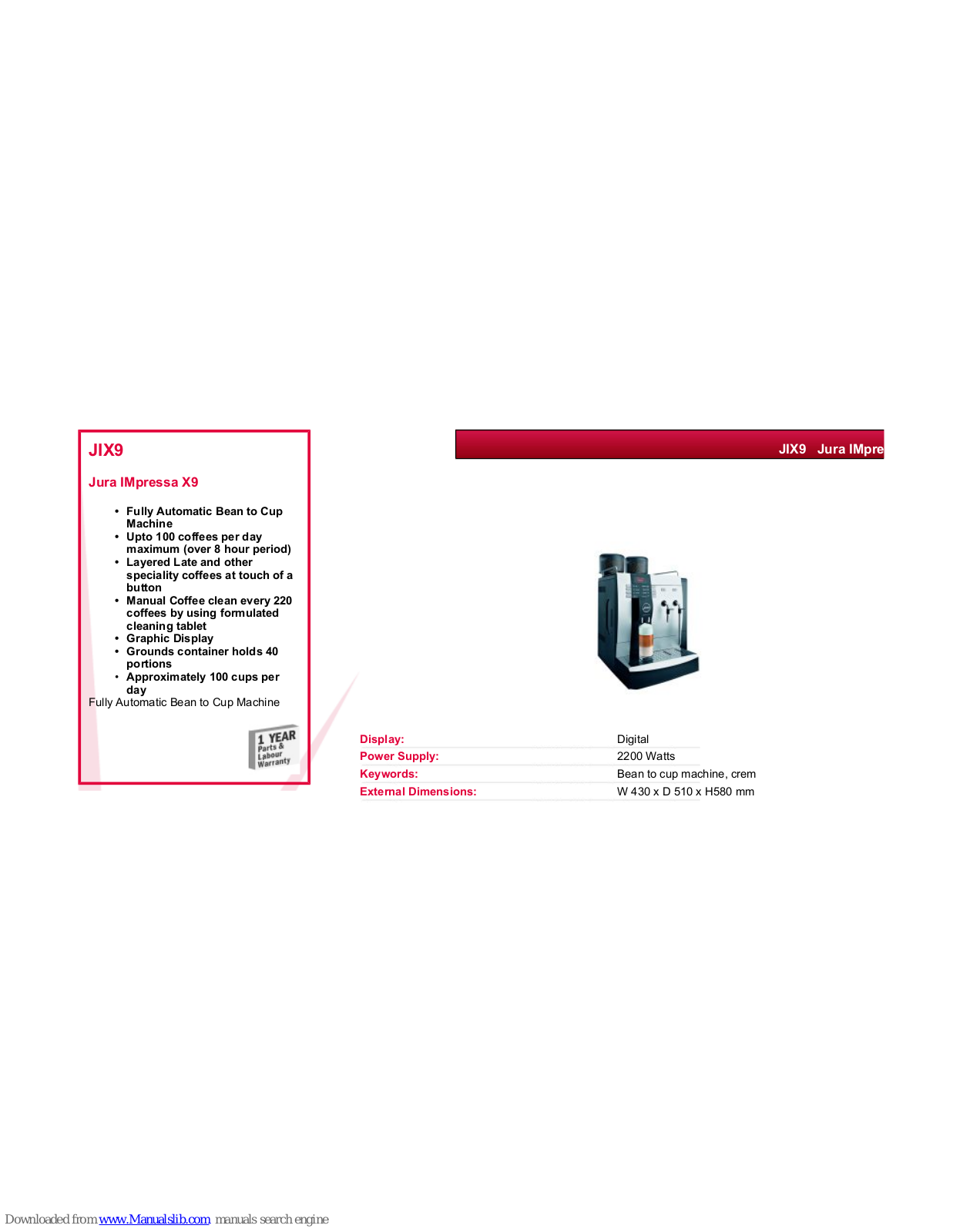 Jura JIX9, IMpressa X9 Datasheet