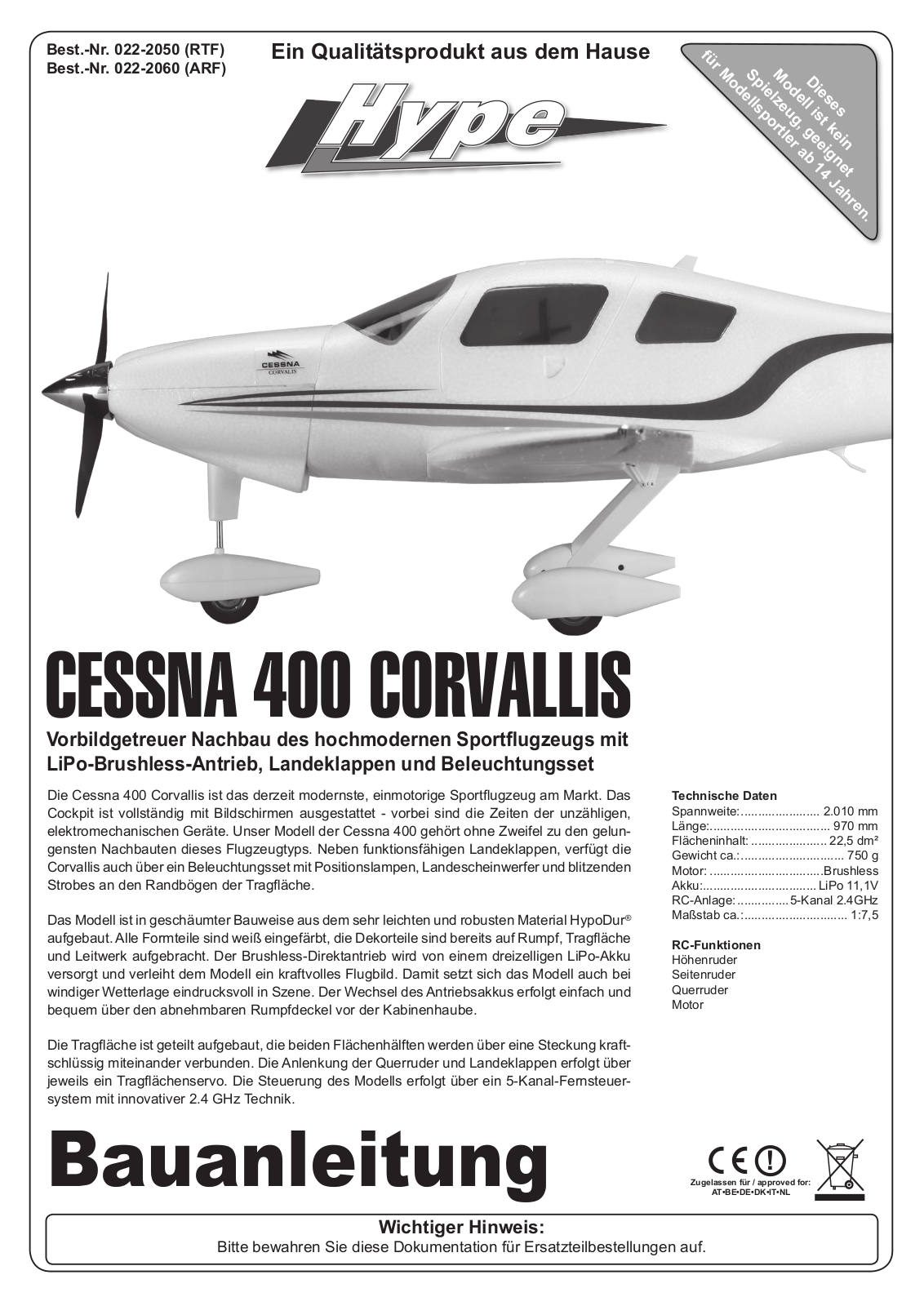 Hype CESSNA 400 CORVALLIS, 022-2050, 022-2060 User guide