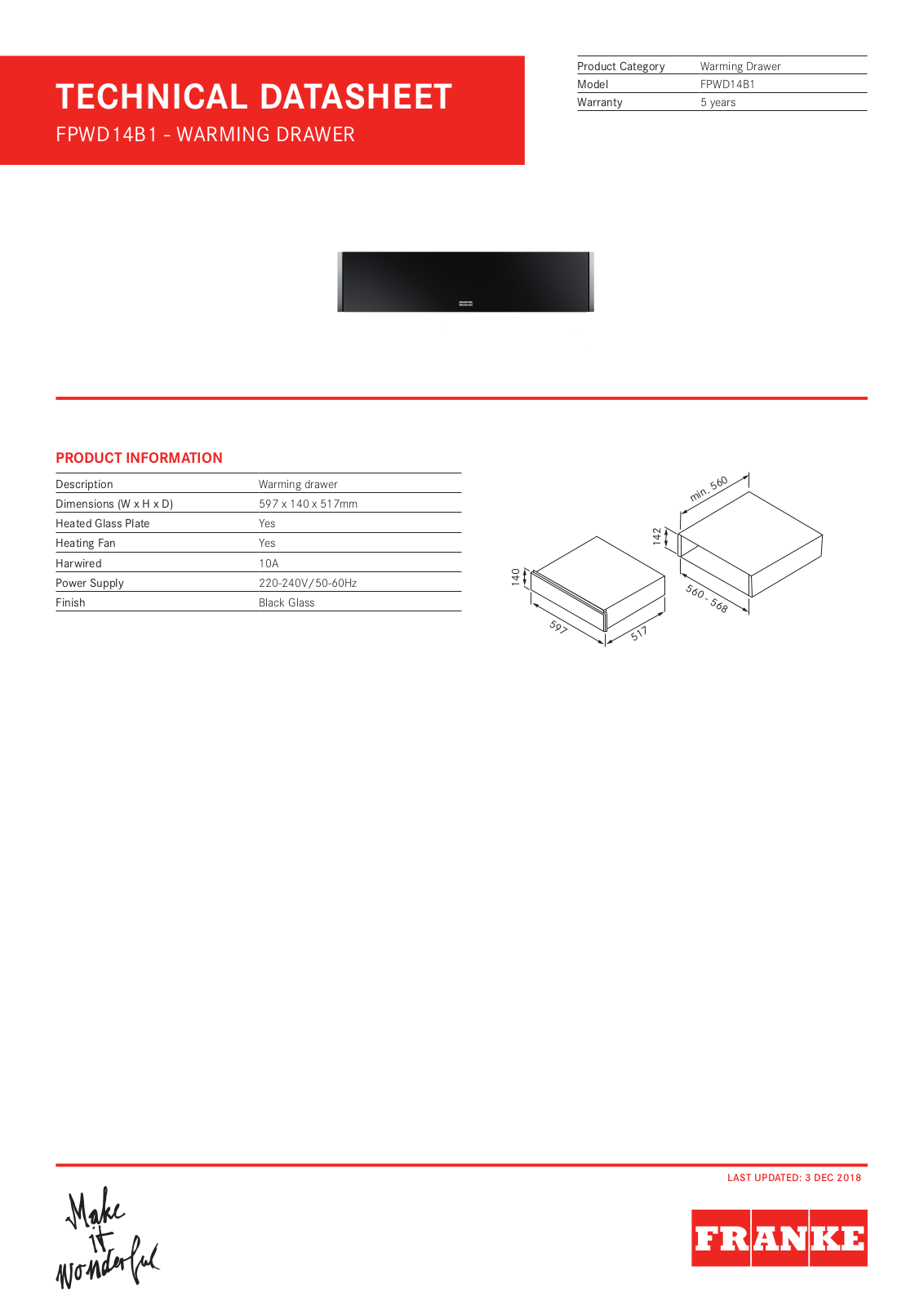 Franke FPWD14B1 Specifications Sheet