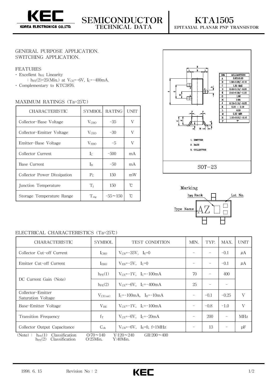 KEC KTA1505 Datasheet