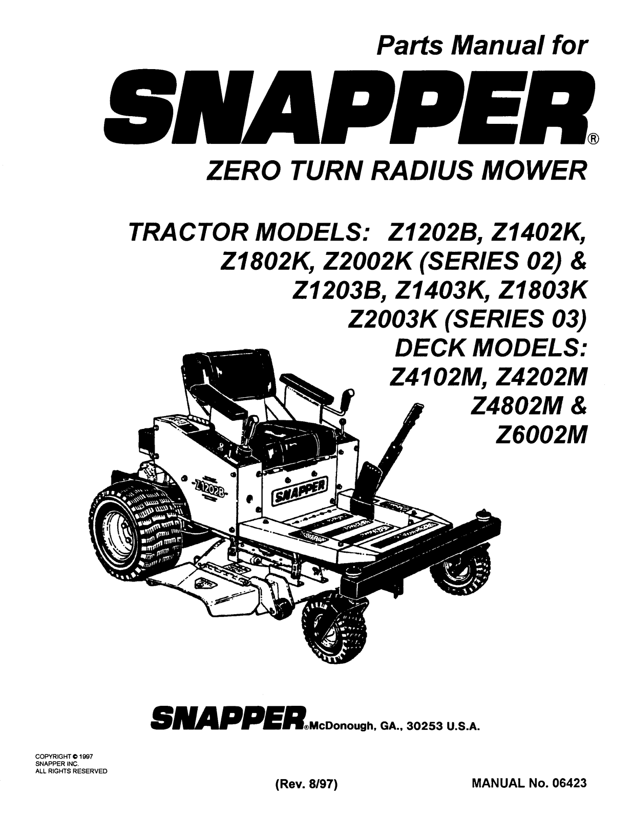 Snapper Z2002K, Z1802K, Z4202M, Z1202B, Z6002M User Manual