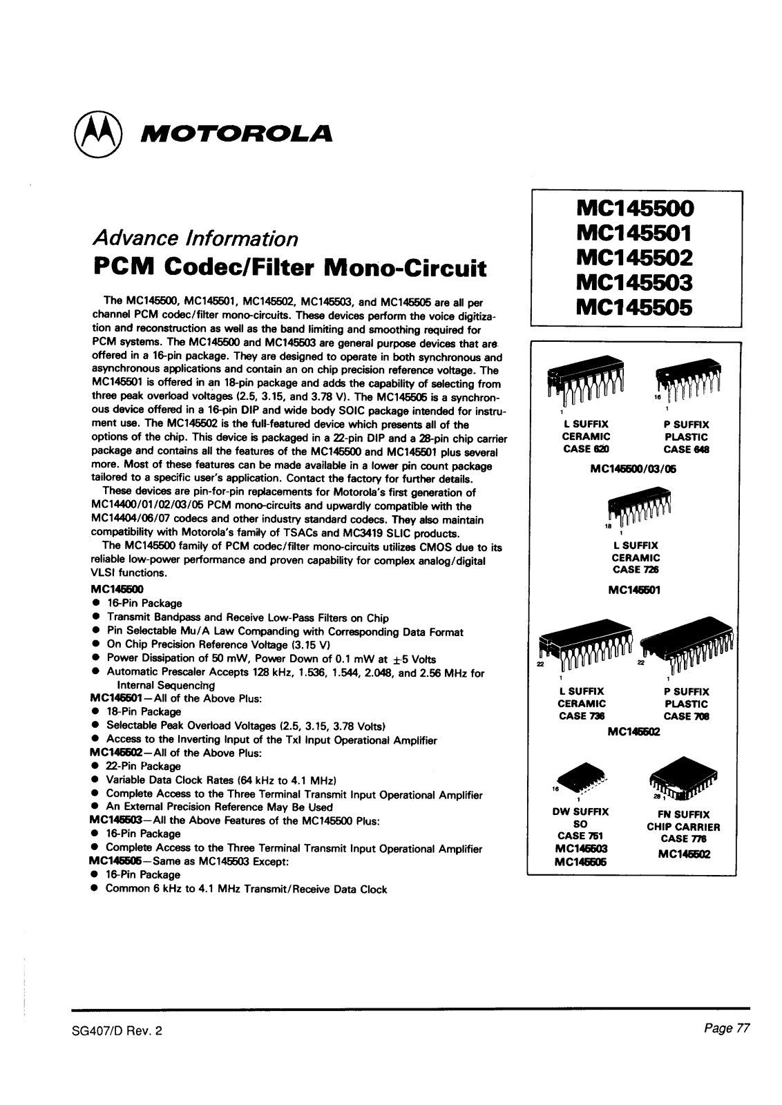 Motorola MC145505DW, MC145505L, MC145503DW, MC145503L, MC145500L Datasheet