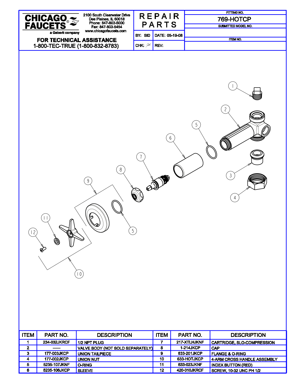 Chicago Faucet 769-HOTCP Parts List