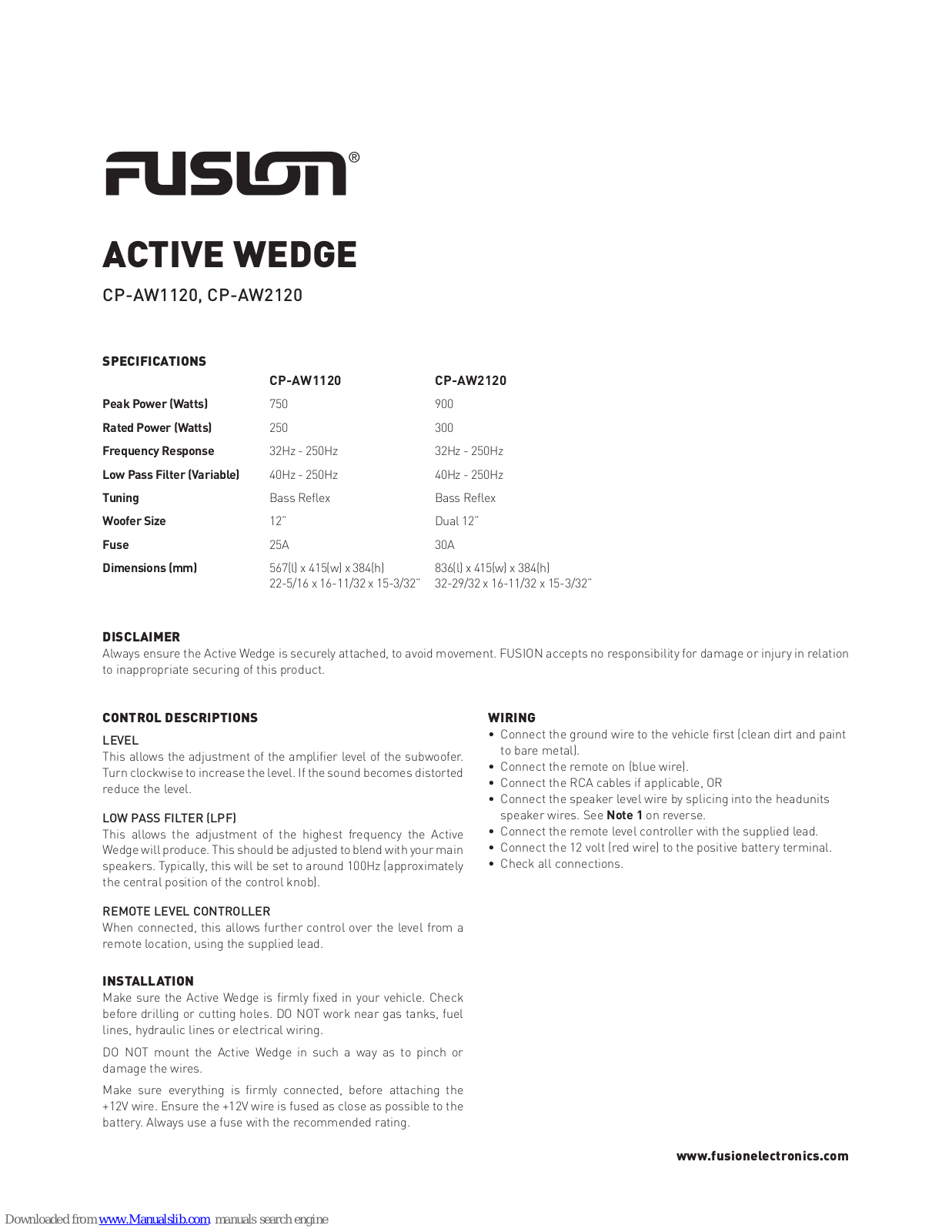 Fusion Active Wedge CP-AW1120, Active Wedge CP-AW2120 Installation Manual