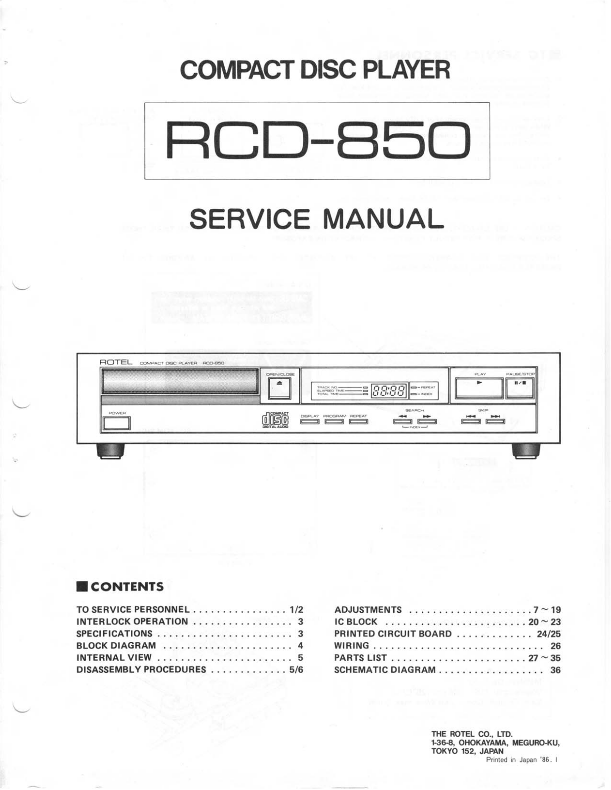 Rotel RCD-850 Service manual