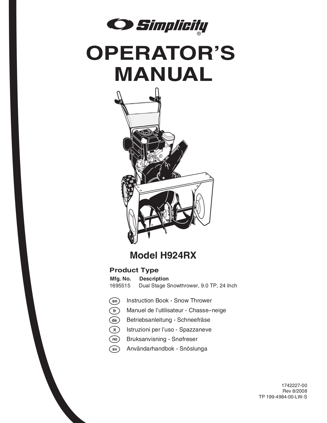 Simplicity H924RX User Manual