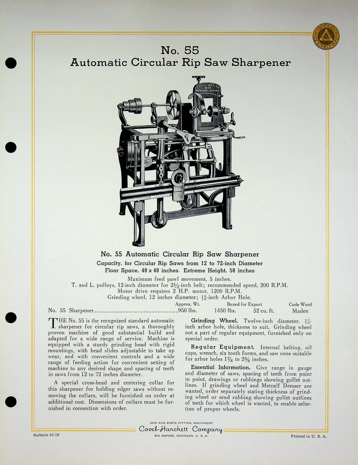 Covel Manufacturing No. 55 Automatic Circular Rip Saw Sharpener Other - ManualMachine.com