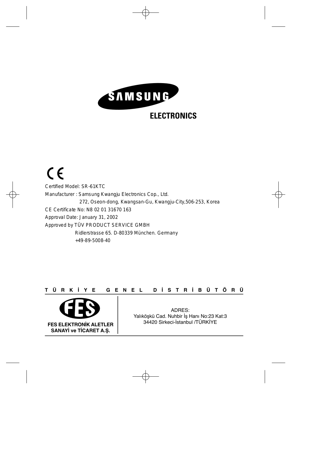 Samsung SR-74NMC, SR-69NMC, SR-67KTC, SR-671KTC, SR-65KTC User Manual