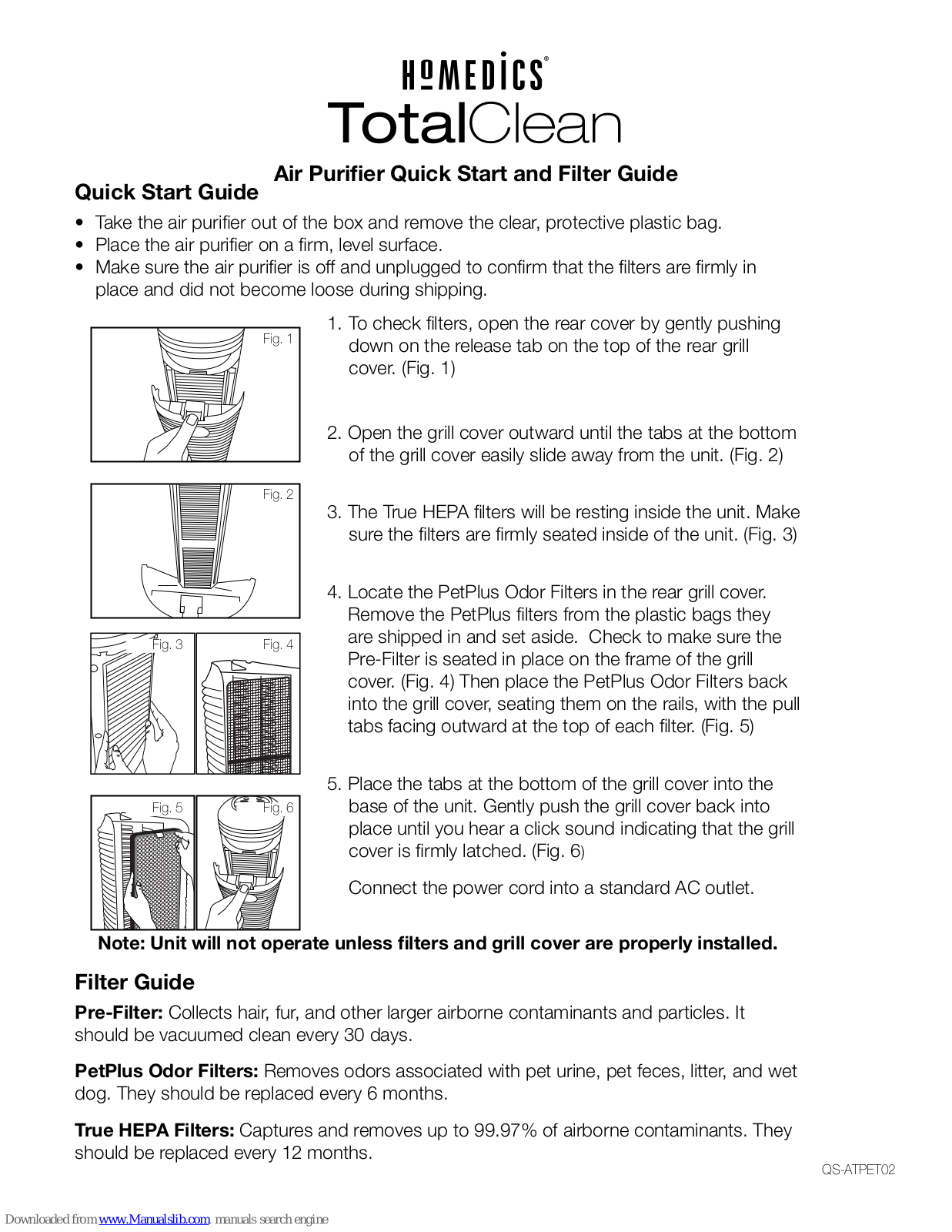 HoMedics TotalClean Quick Start And Filter Manual