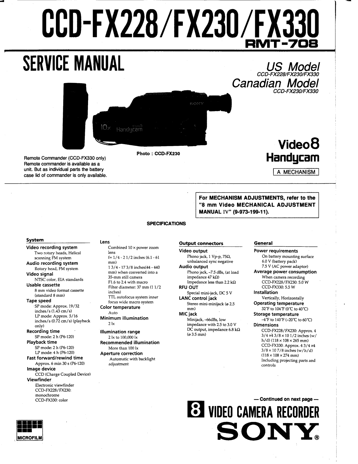 Sony ccd-fx228, ccd-fx230, ccd-fx330 Service Manual
