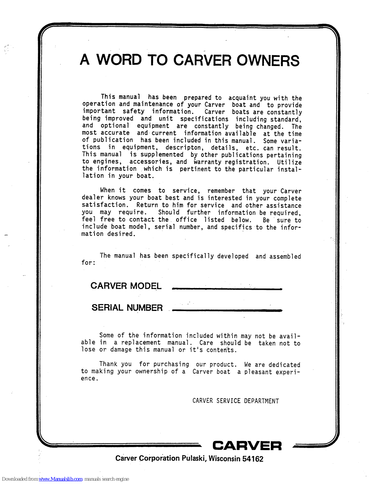 Carver 2767, 2657, 2667, 2757 Owner's Manual