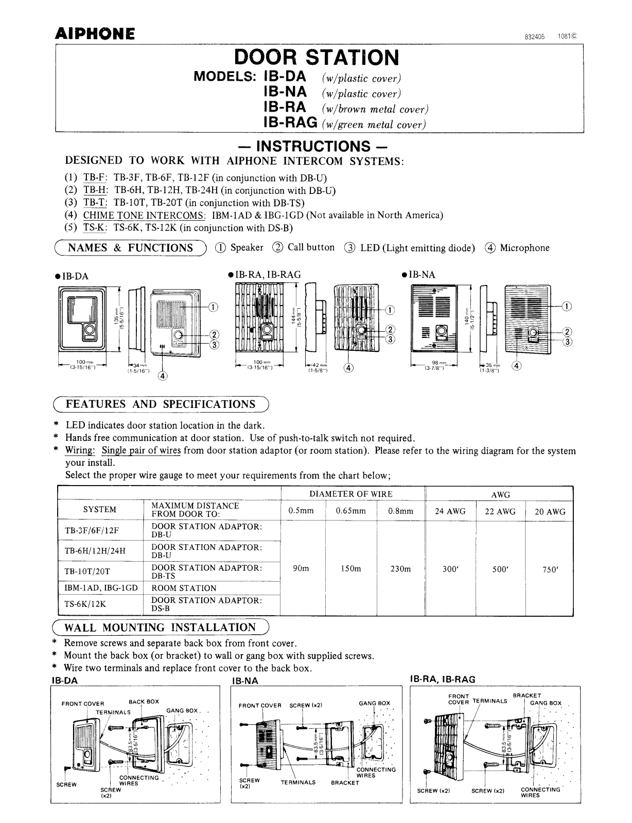 Aiphone IB DA, IB NA, IB RA, IB RAG Instruction Manual