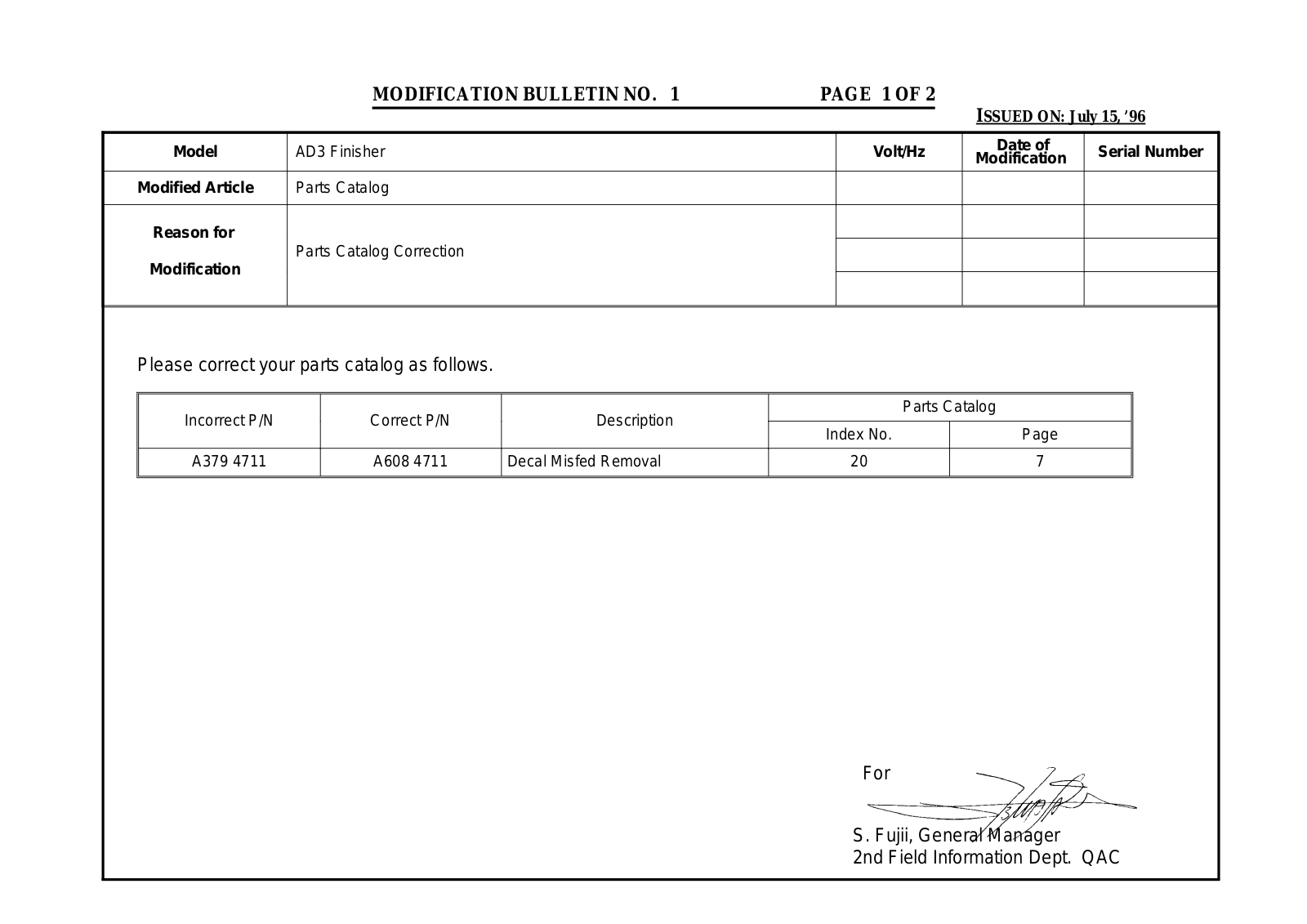 Ricoh A612 Modification Bulletin SR700